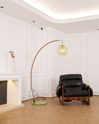 Joni Arc Floor Lamp Curved Metal Natural Stone Shade LED Warm White Living Room Bedroom — 4 Finishes