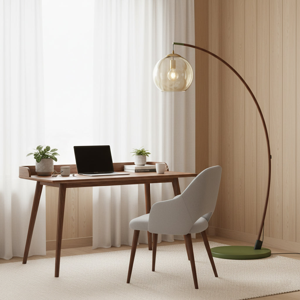 Joni Arc Floor Lamp Curved Metal Natural Stone Shade LED Warm White Living Room Bedroom — 4 Finishes