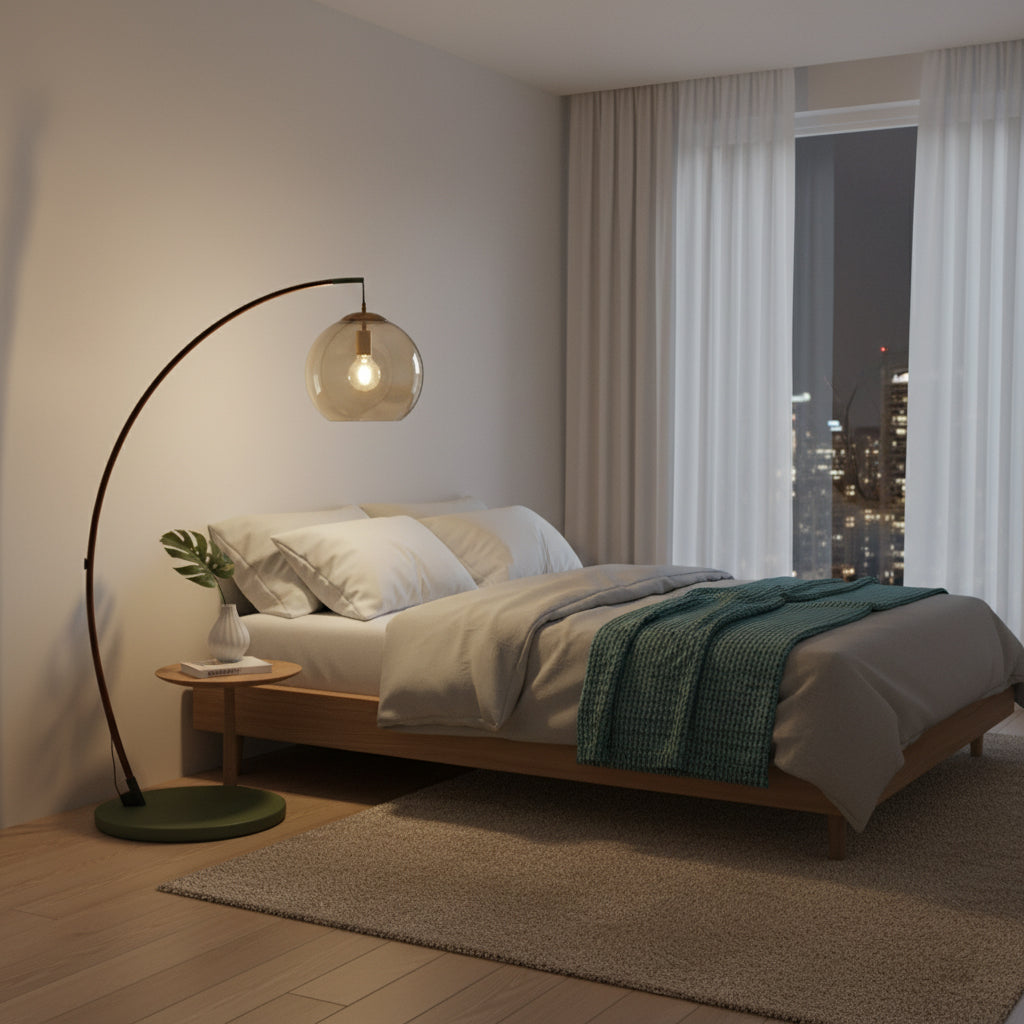 Joni Arc Floor Lamp Curved Metal Natural Stone Shade LED Warm White Living Room Bedroom — 4 Finishes
