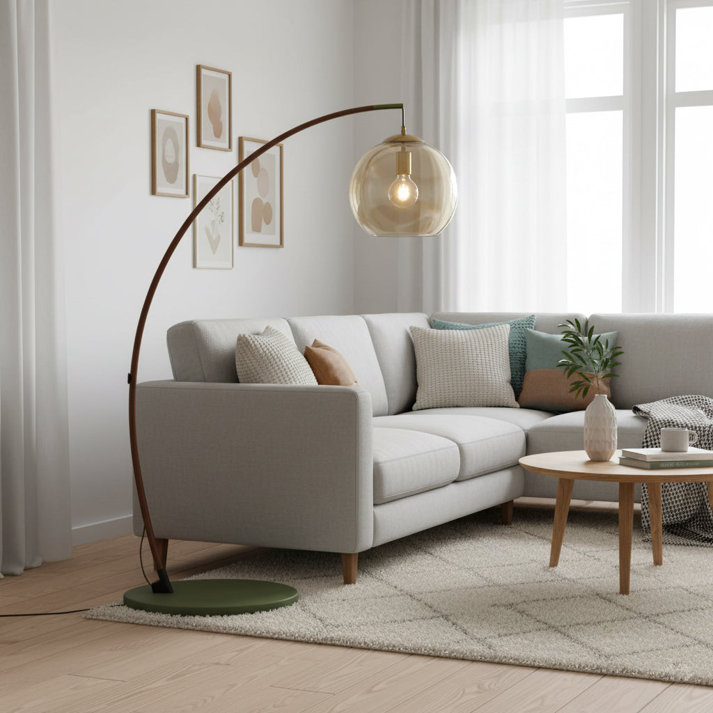 Joni Arc Floor Lamp Curved Metal Natural Stone Shade LED Warm White Living Room Bedroom — 4 Finishes
