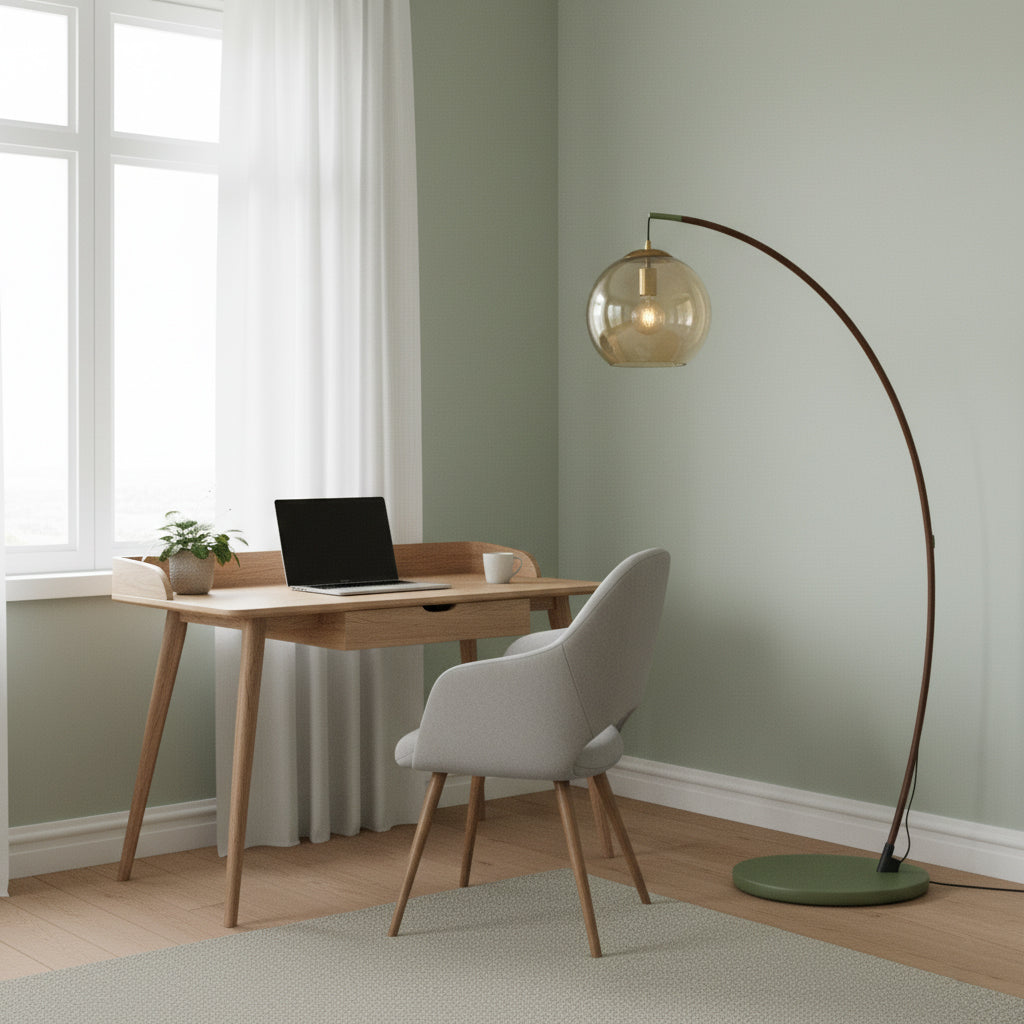 Joni Arc Floor Lamp Curved Metal Natural Stone Shade LED Warm White Living Room Bedroom — 4 Finishes