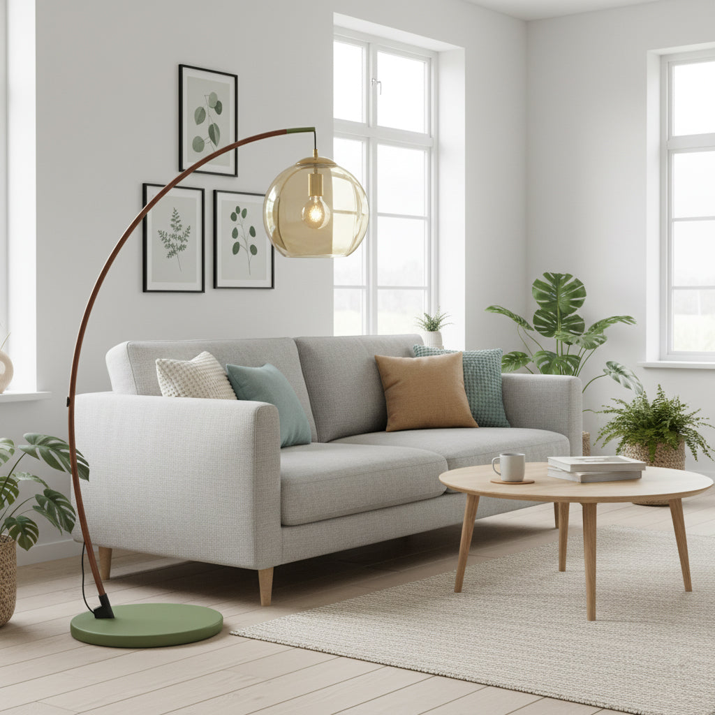 Joni Arc Floor Lamp Curved Metal Natural Stone Shade LED Warm White Living Room Bedroom — 4 Finishes