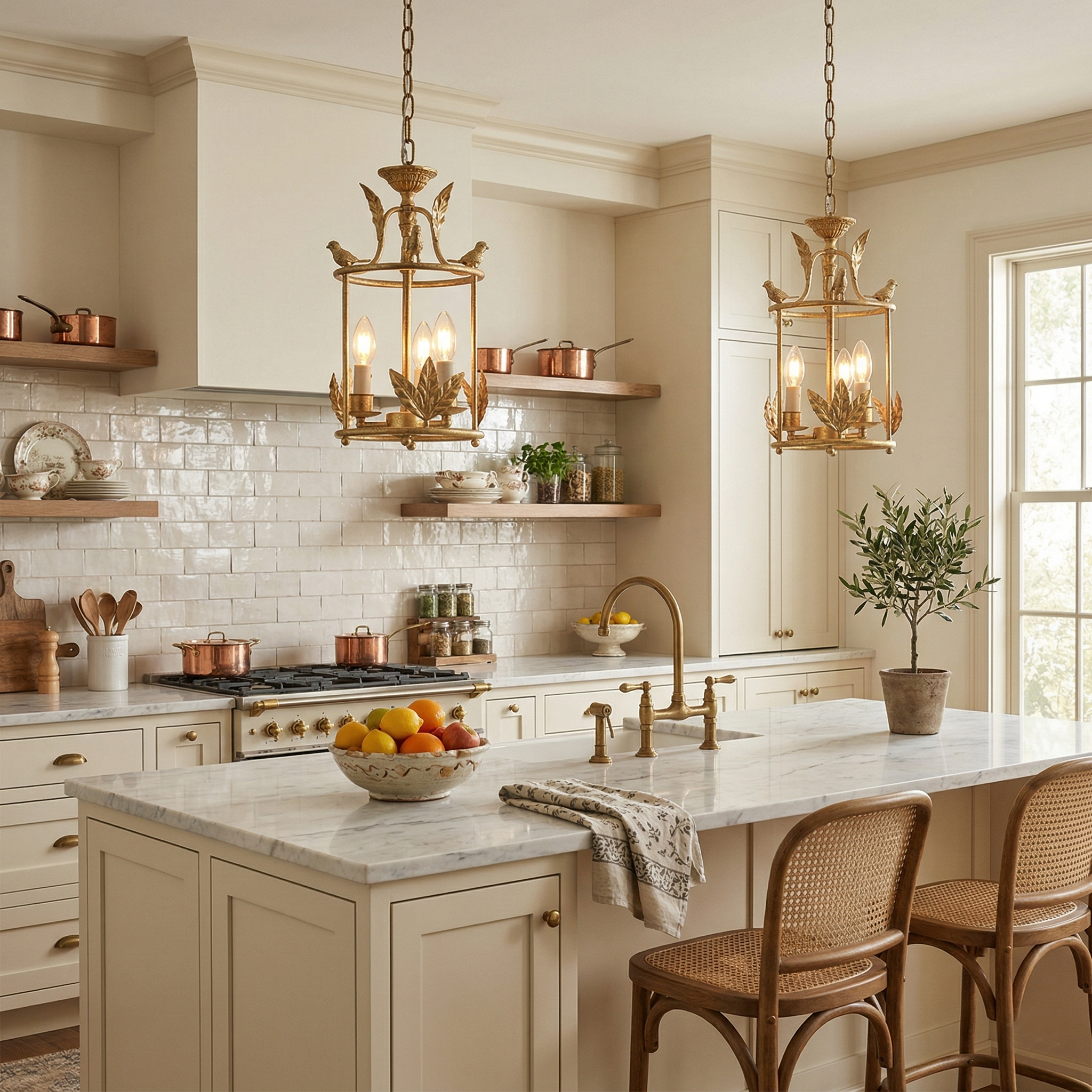 Brighton Lantern Pendant Lamp Geometric Metal Frame Glass LED Warm White Kitchen Dining — Brass Black