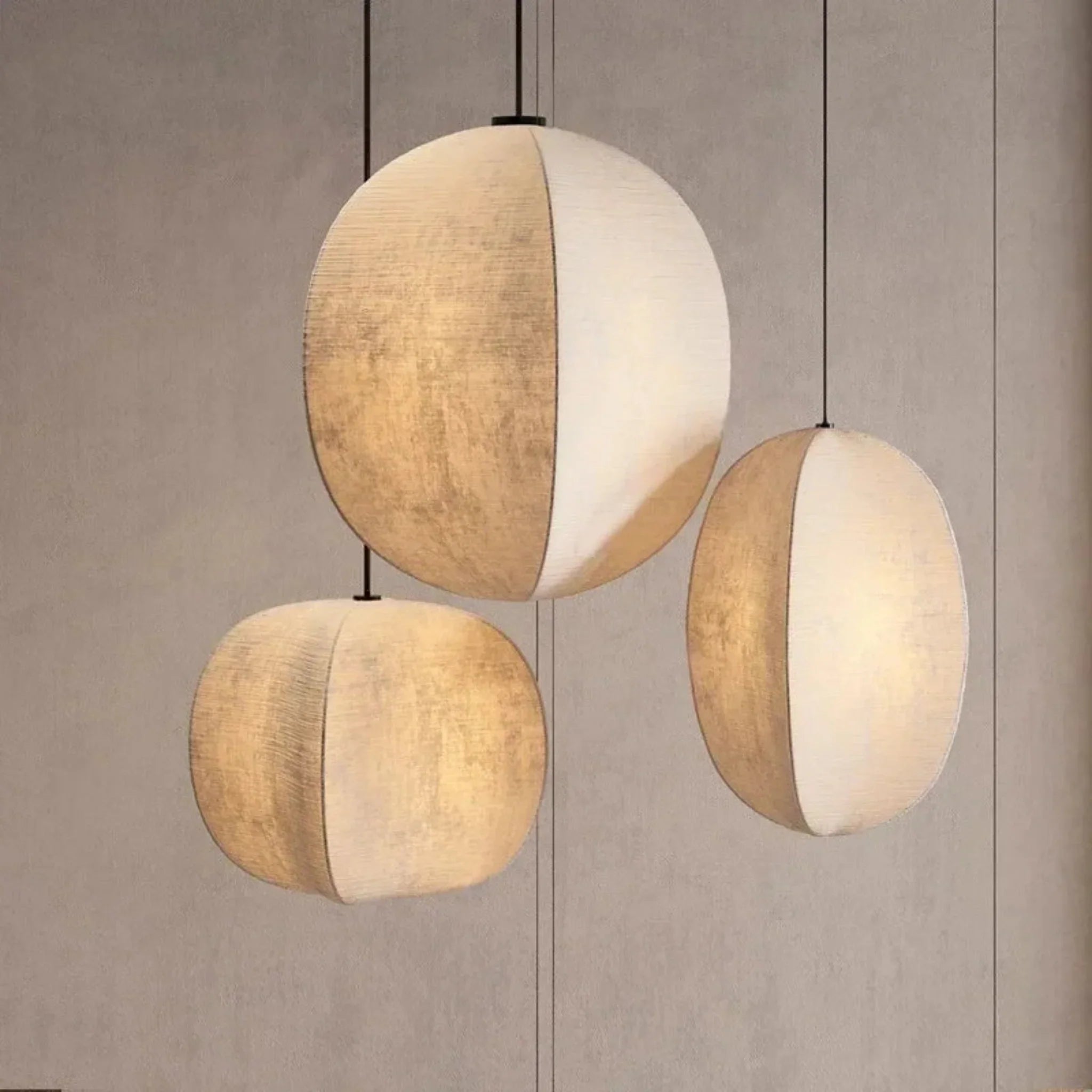 Linen Lantern Pendant Light Japandi Style Height Adjustable Dining Room Bedroom — Small Medium Large