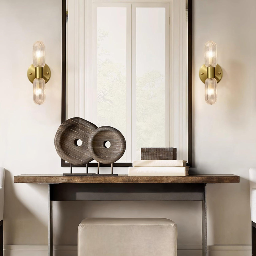 Evania Double-Light Brass Wall Sconce with Textured Glass Shades