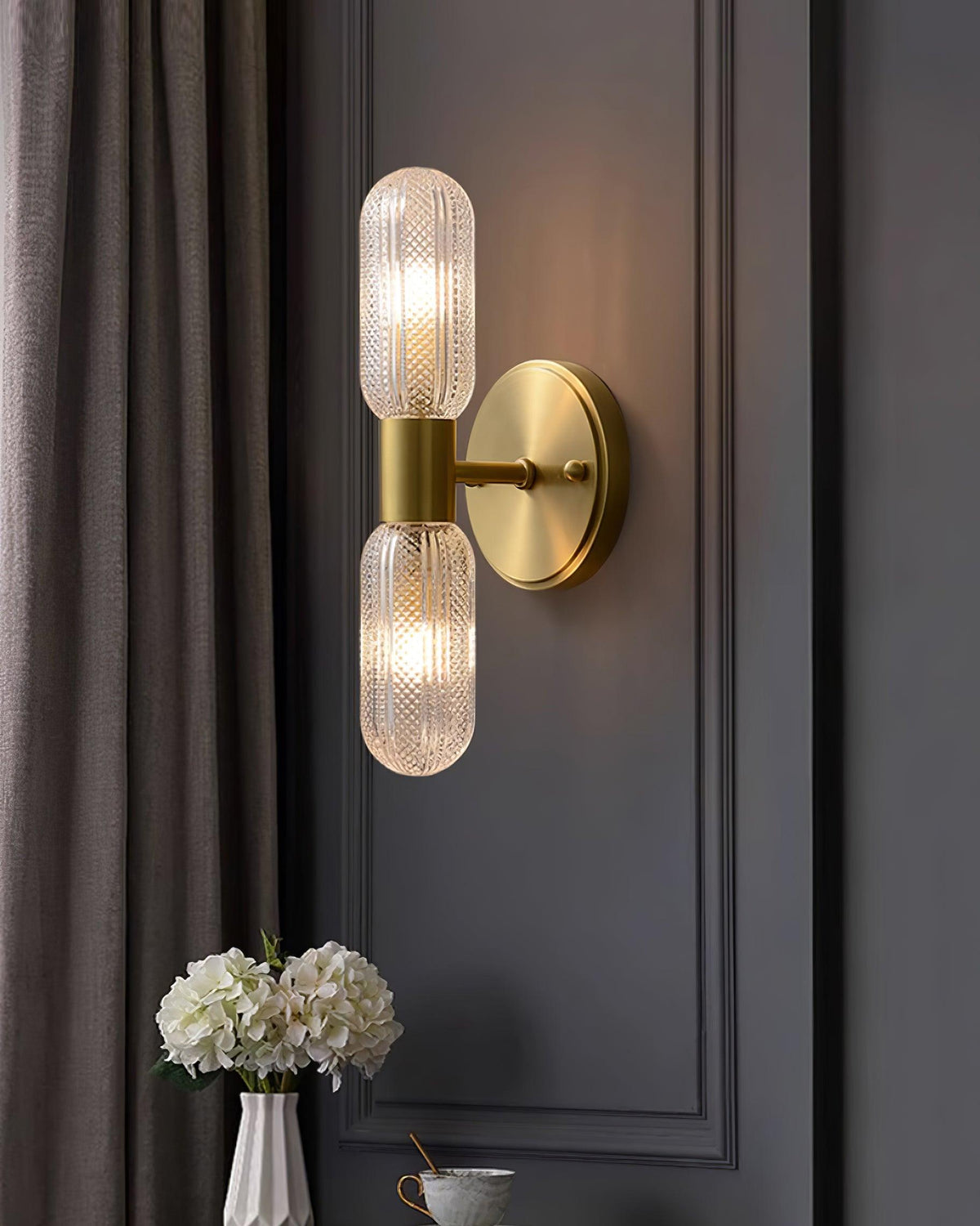 Evania Double-Light Brass Wall Sconce with Textured Glass Shades