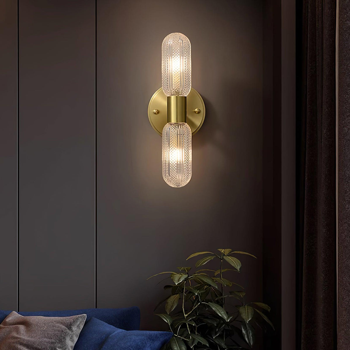 Evania Double-Light Brass Wall Sconce with Textured Glass Shades