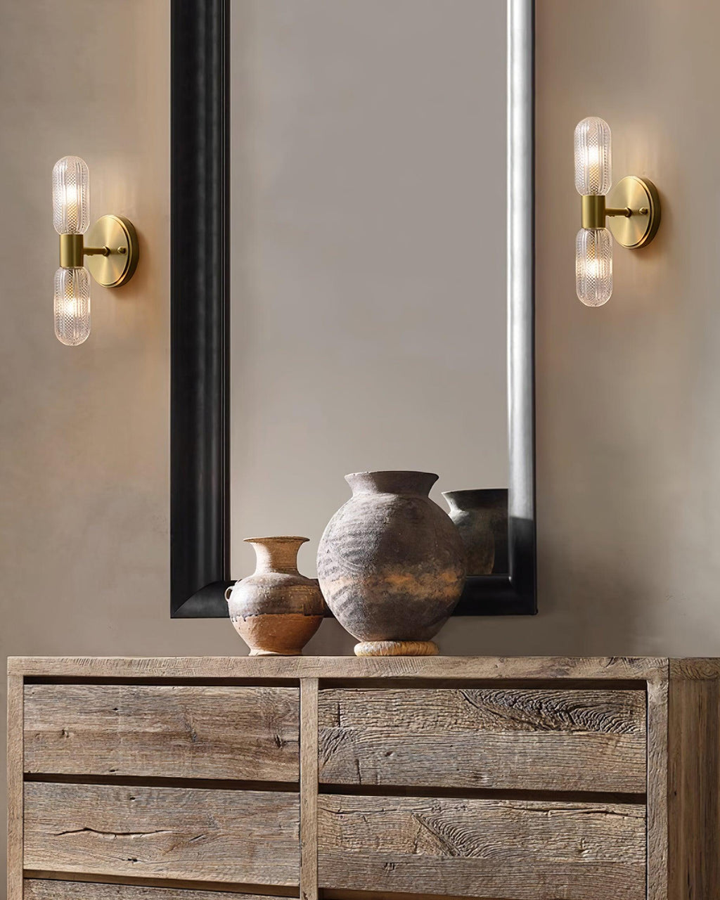 Evania Double-Light Brass Wall Sconce with Textured Glass Shades