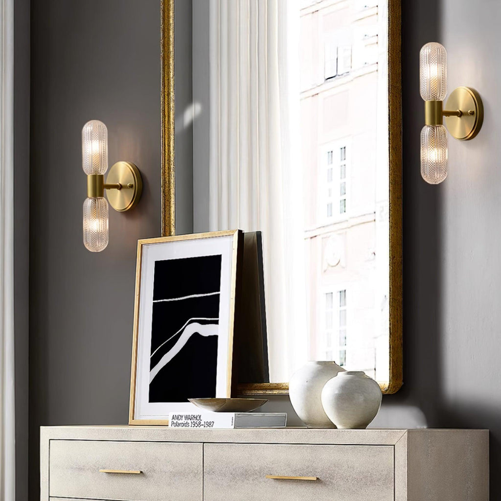 Evania Double-Light Brass Wall Sconce with Textured Glass Shades