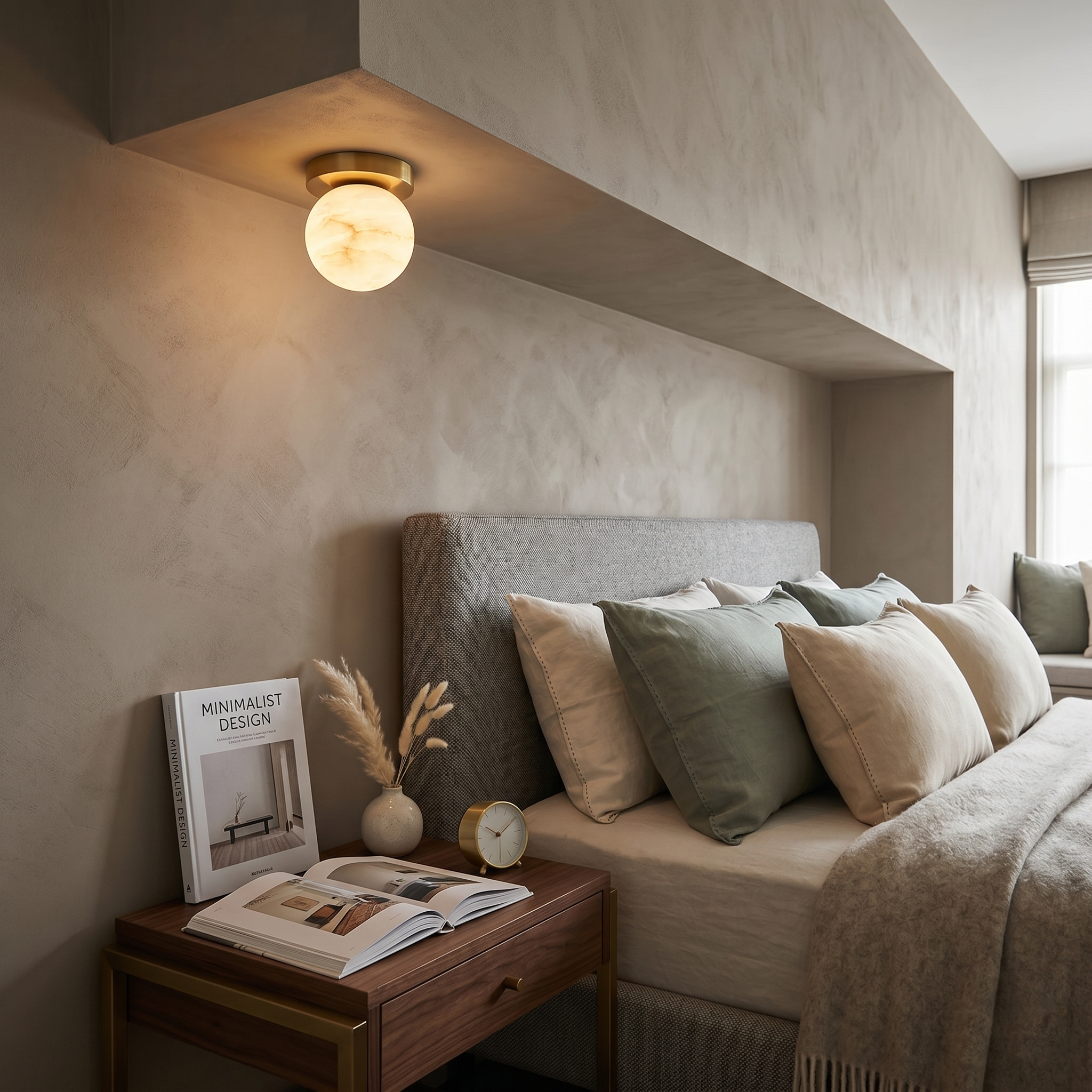 Melange Alabaster Ceiling Light Natural Stone LED Dimmable Flush Mount Bedroom Dining — 2 Sizes