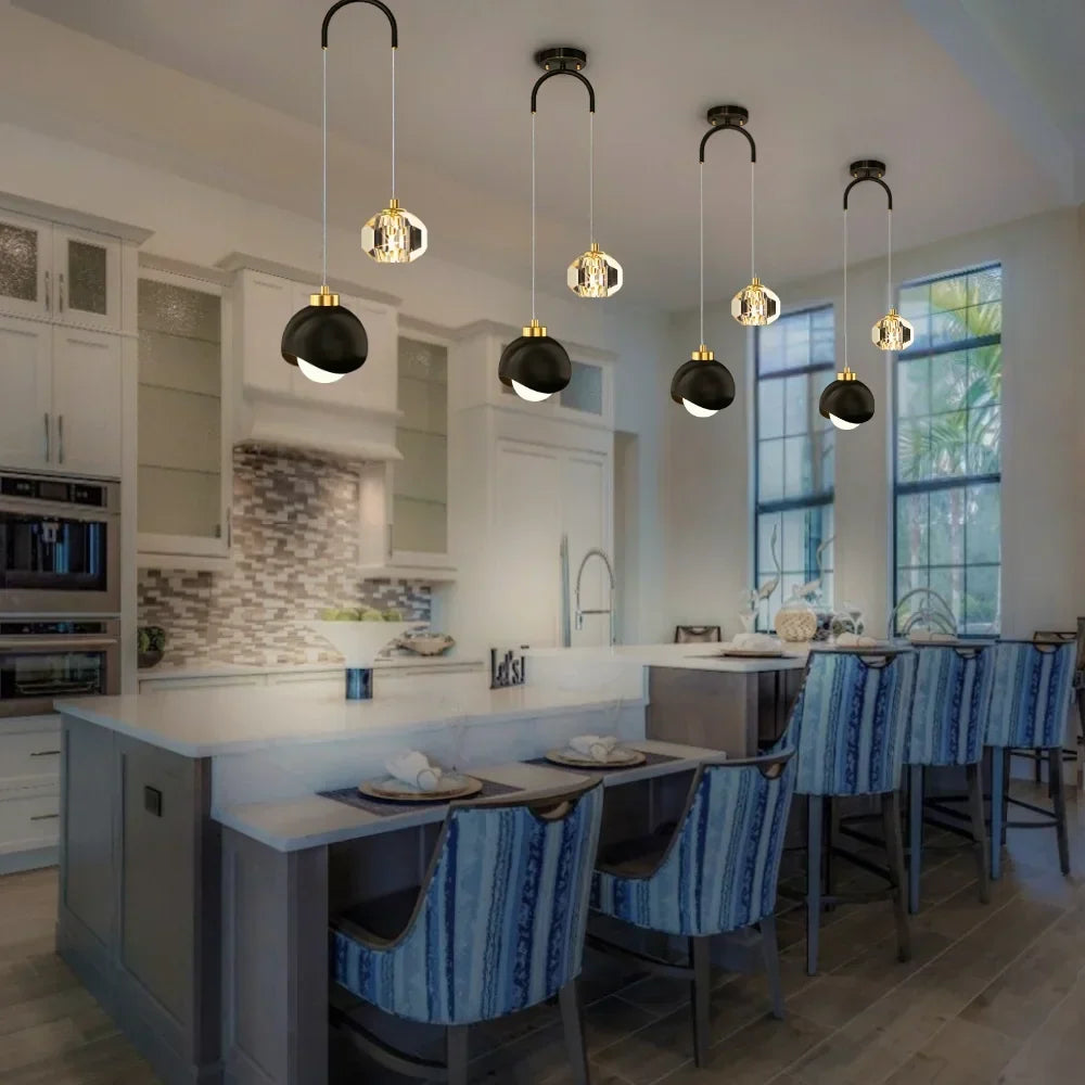 Crystal Mini Pendant Light Gold Dome Polished Dining Room Kitchen Island — Black Gold Warm White