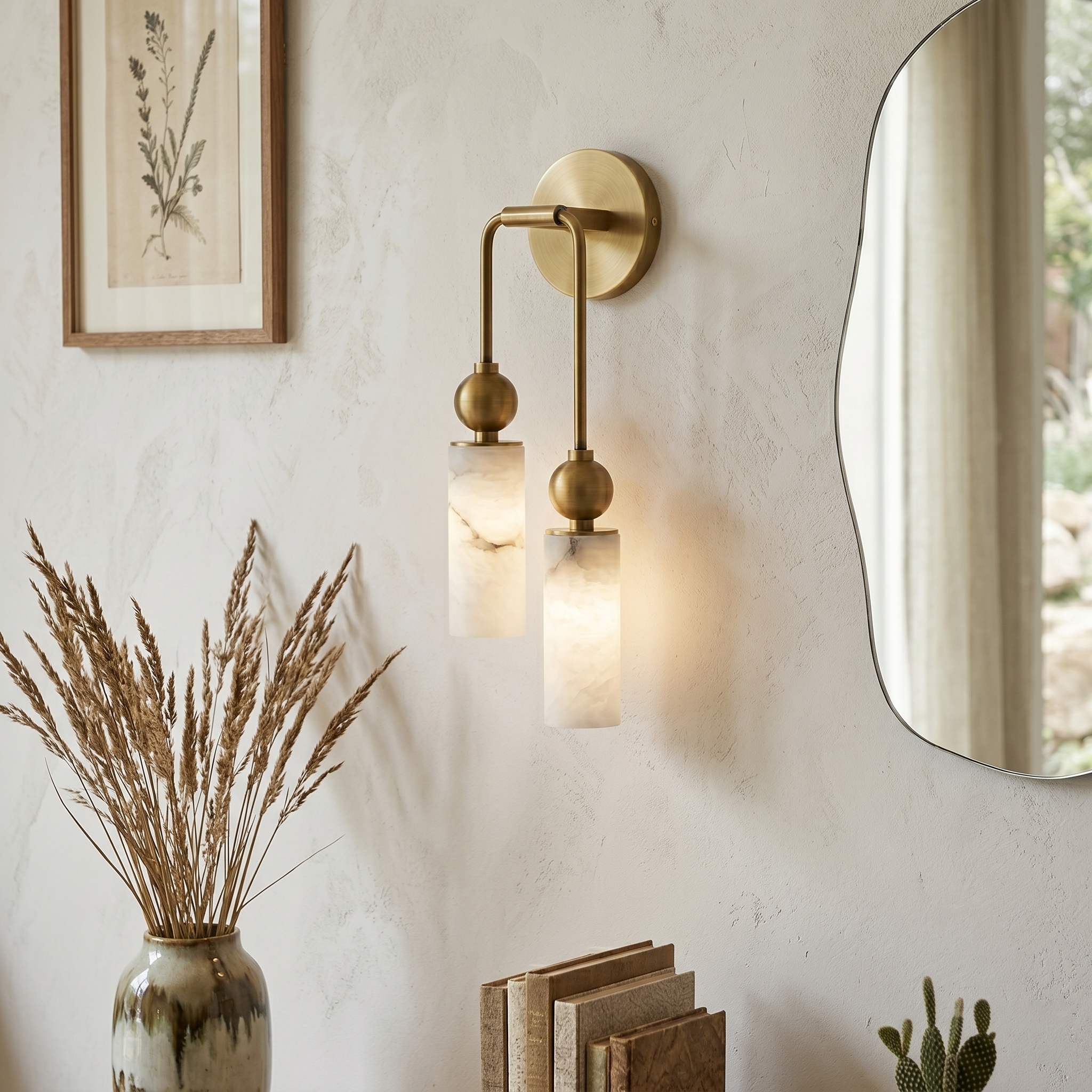 Harlin Alabaster Wall Lamp Brass Black Nickel Hallway Bedroom Bathroom — 1 to 2 Heads