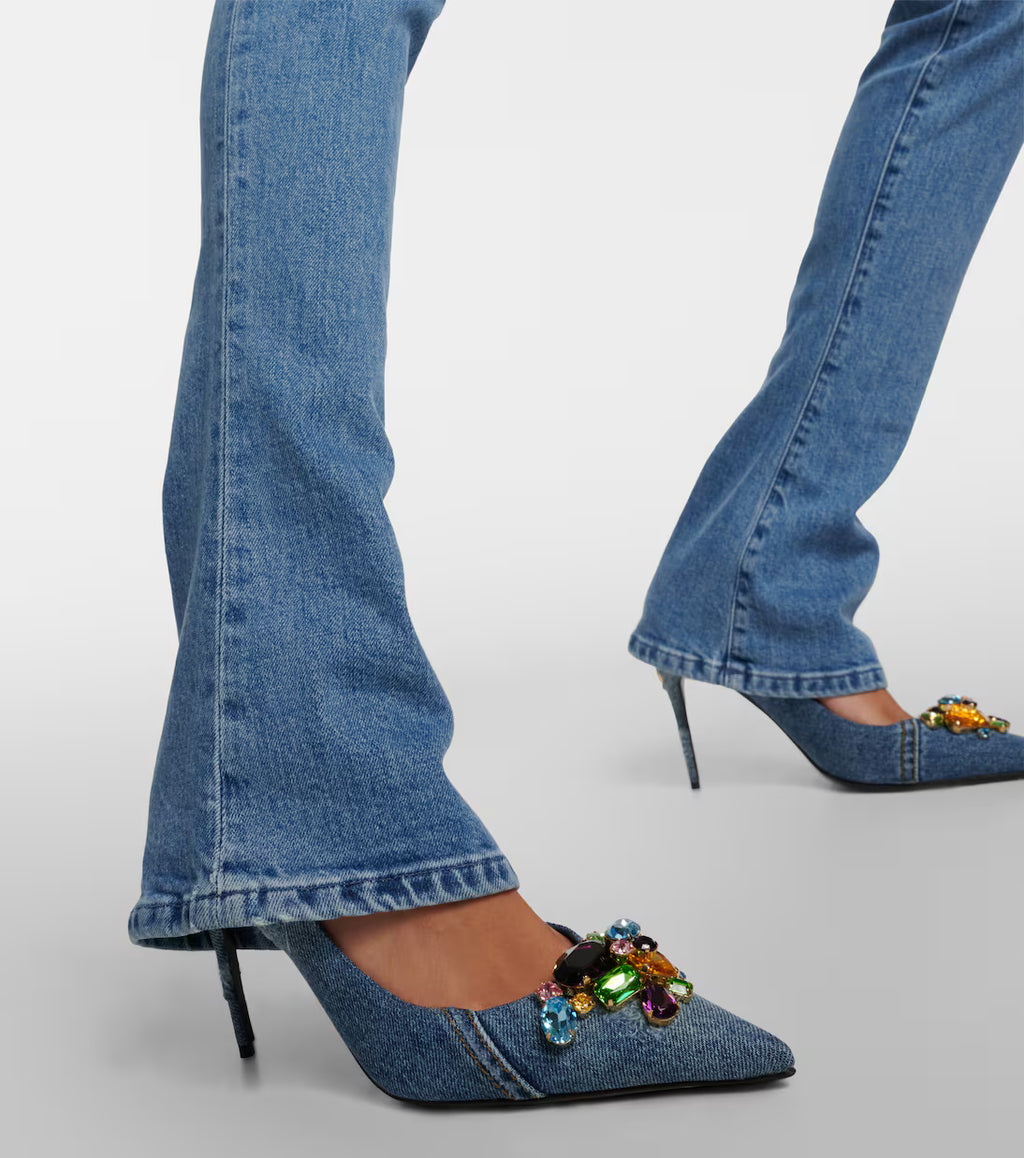 Crystal-embellished Denim High Heel Pumps