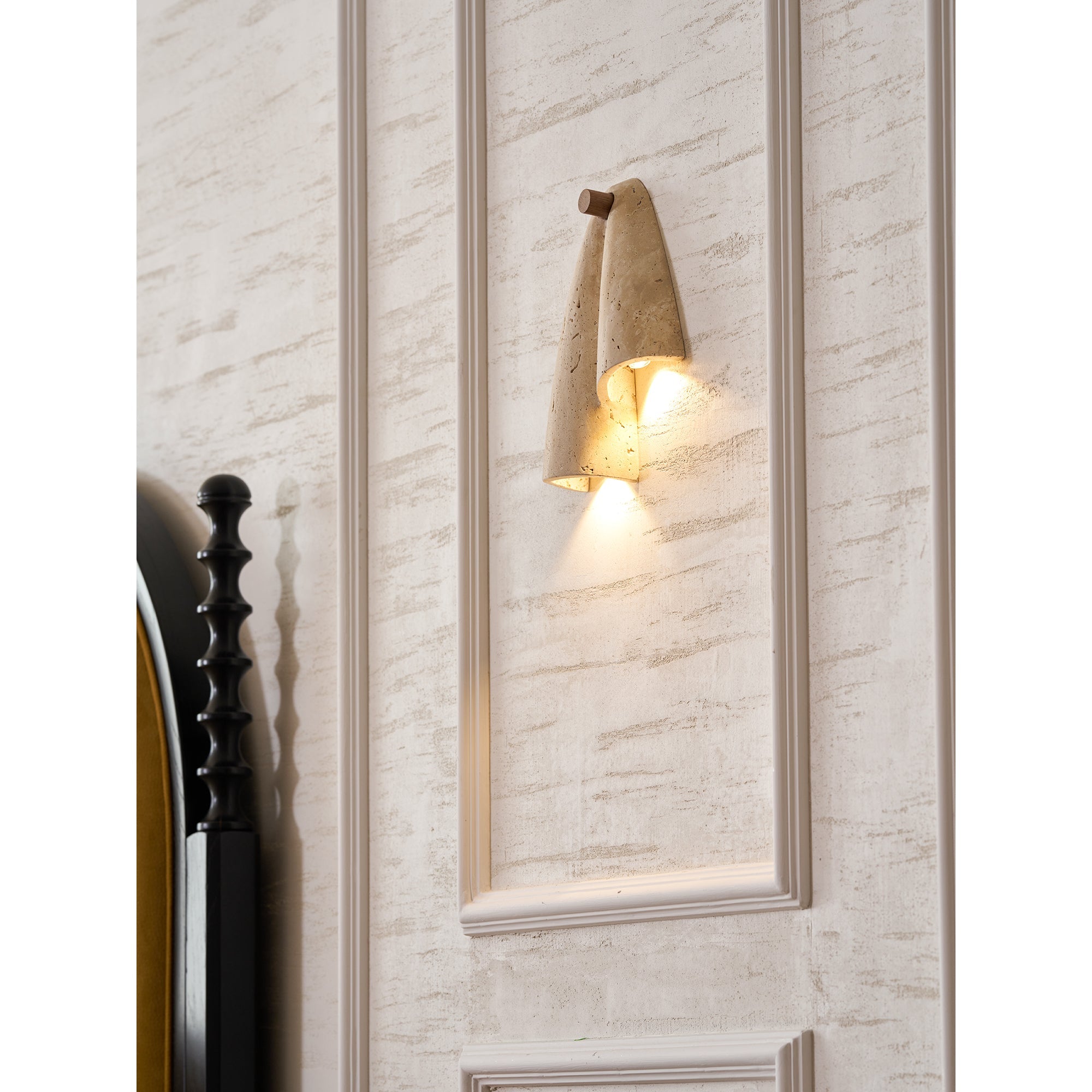 Pearlmont Travertine Wall Lamp Natural Stone LED Warm Light Bedroom Living Room — 4 Plug Options