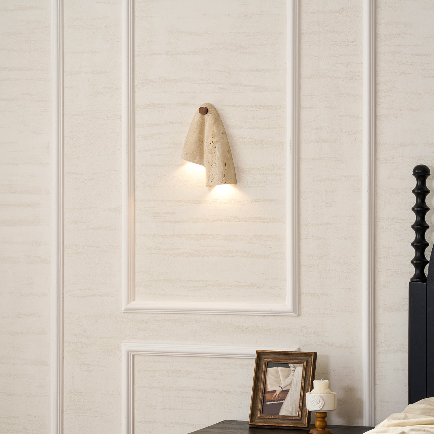 Pearlmont Travertine Wall Lamp Natural Stone LED Warm Light Bedroom Living Room — 4 Plug Options