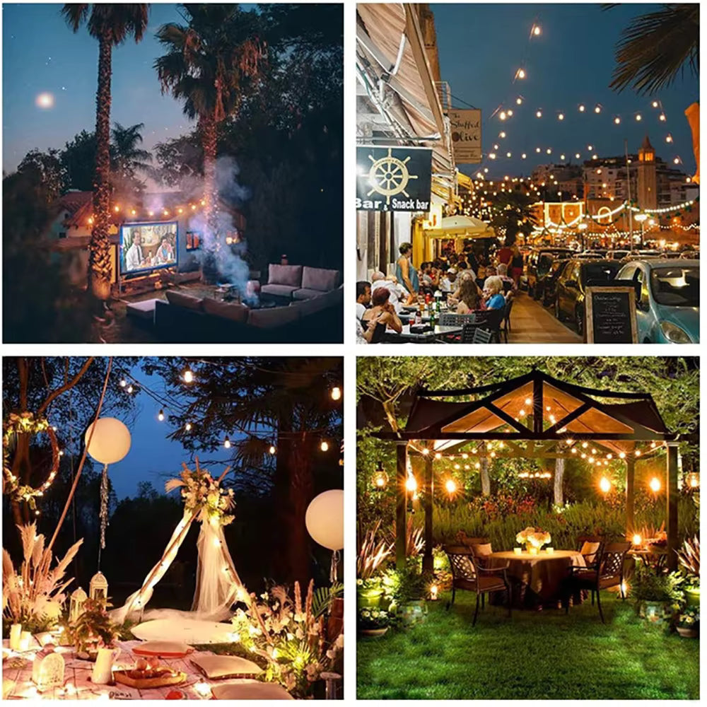 Solar outdoor string lights warm white globe bulbs waterproof — 33ft 66ft 100ft length options