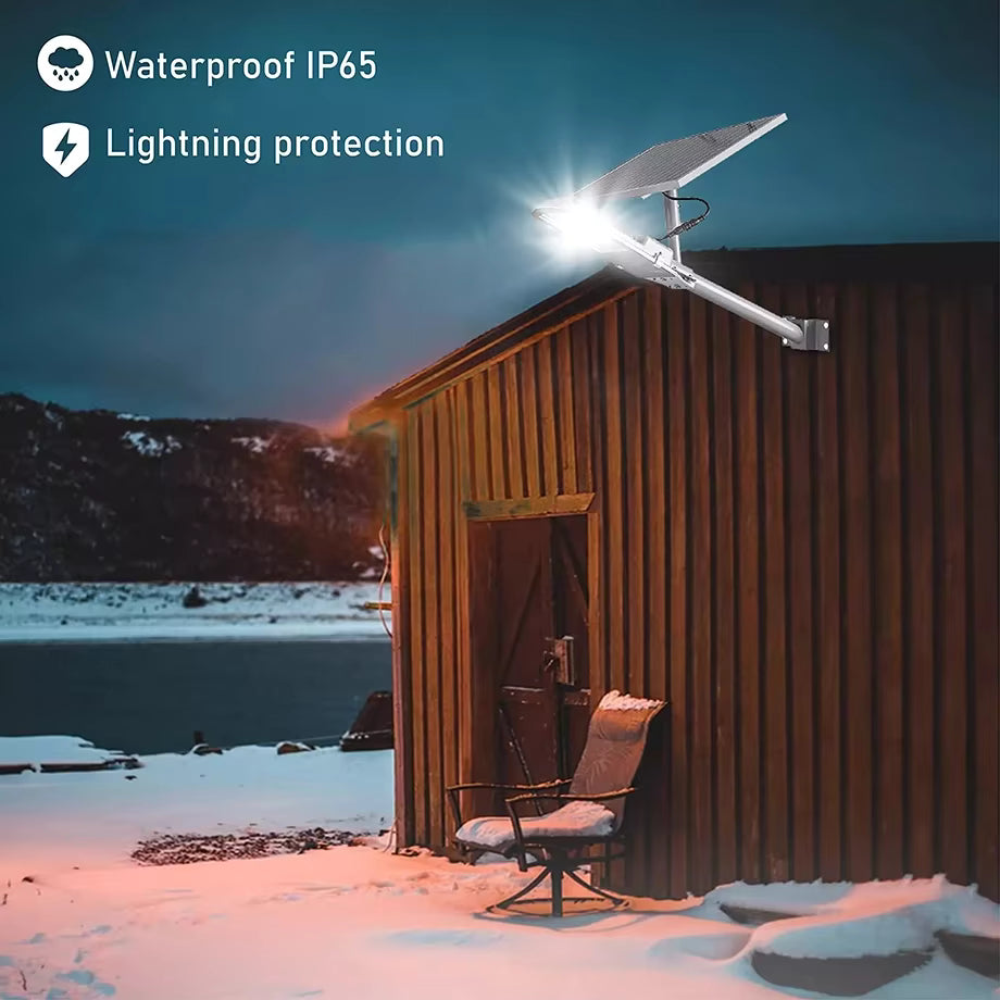 Solar flood light 200W equivalent dual head motion sensor IP66 — solar panel large surface detail
