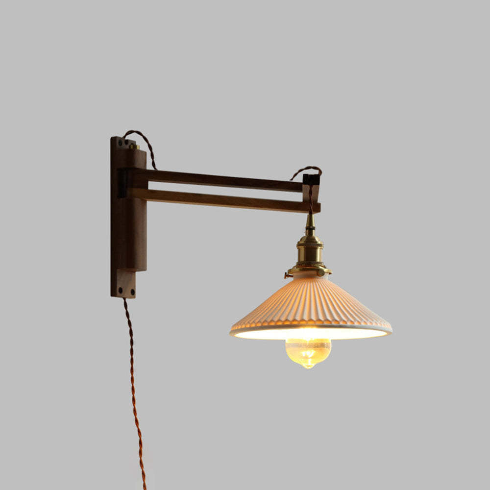 Muto Vintage Dome Ceramic & Wood Wall Lamp – Walnut Finish with Clear Shade
