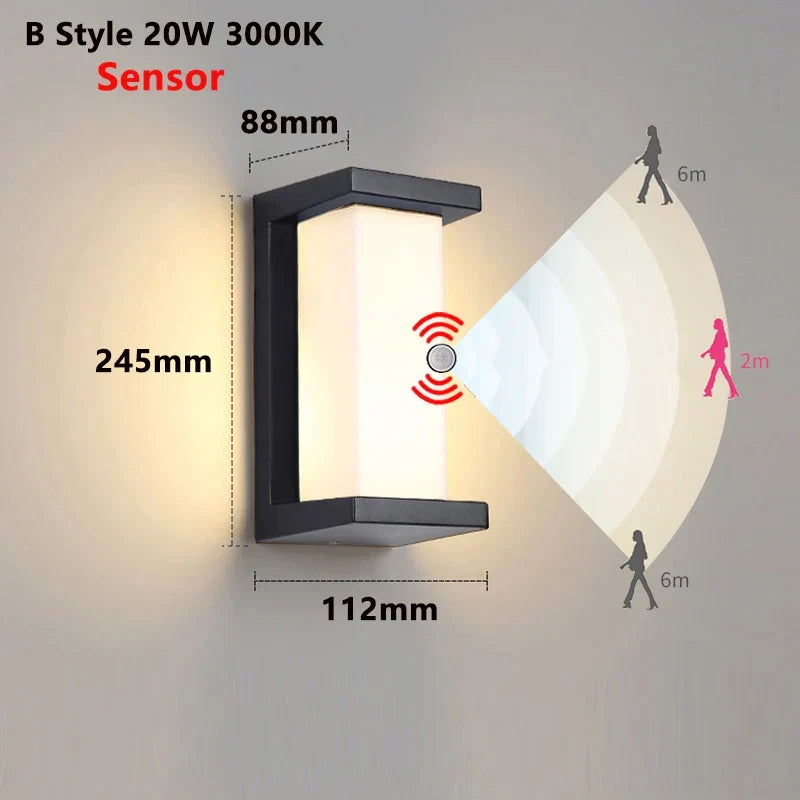 Motion Sensor Outdoor LED Wall Light Waterproof Porch Courtyard Garden — 3 Styles Warm Cool