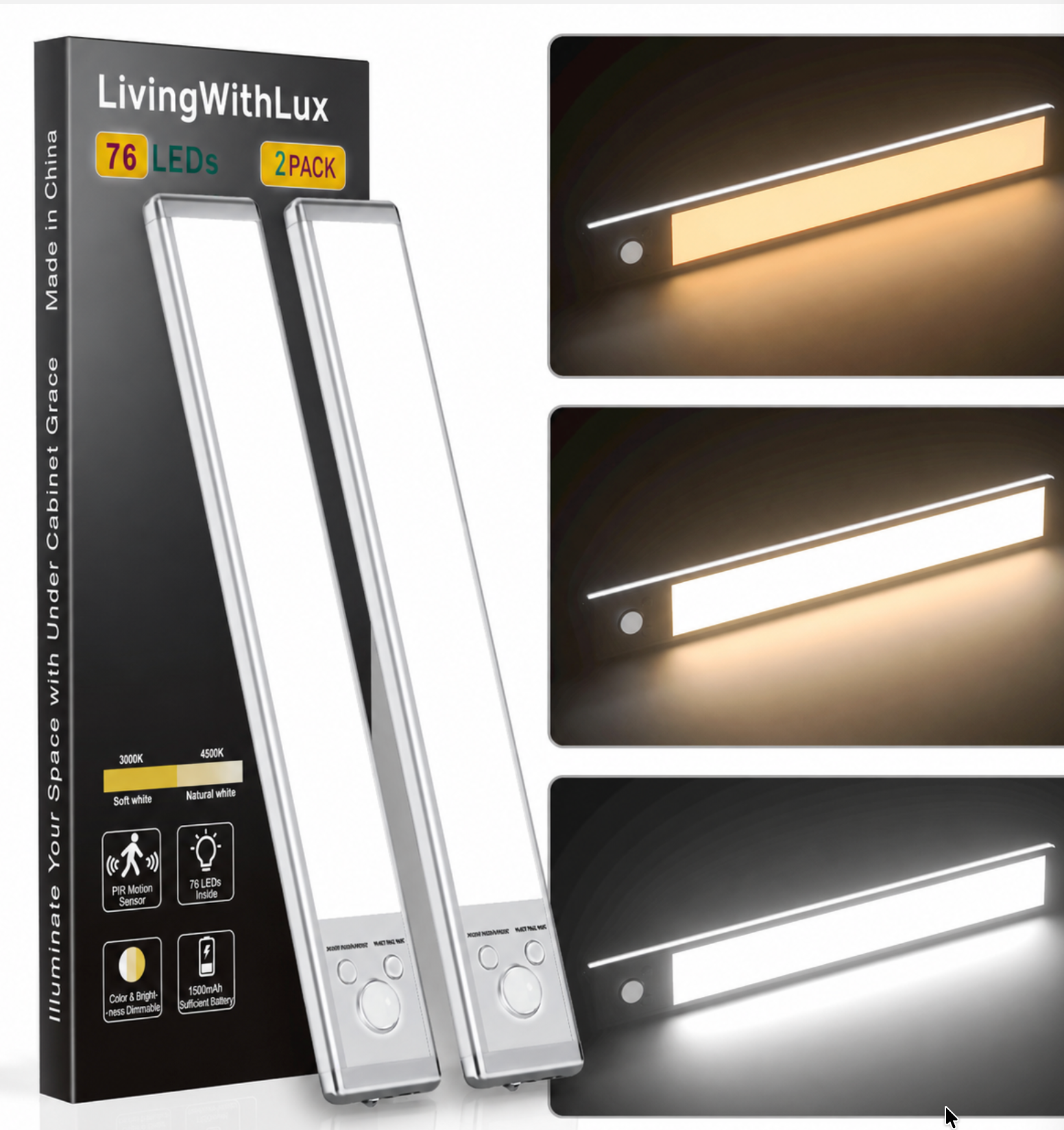 Under cabinet lights 76 LED motion sensor USB rechargeable magnetic dimmable 2-pack — specifications
