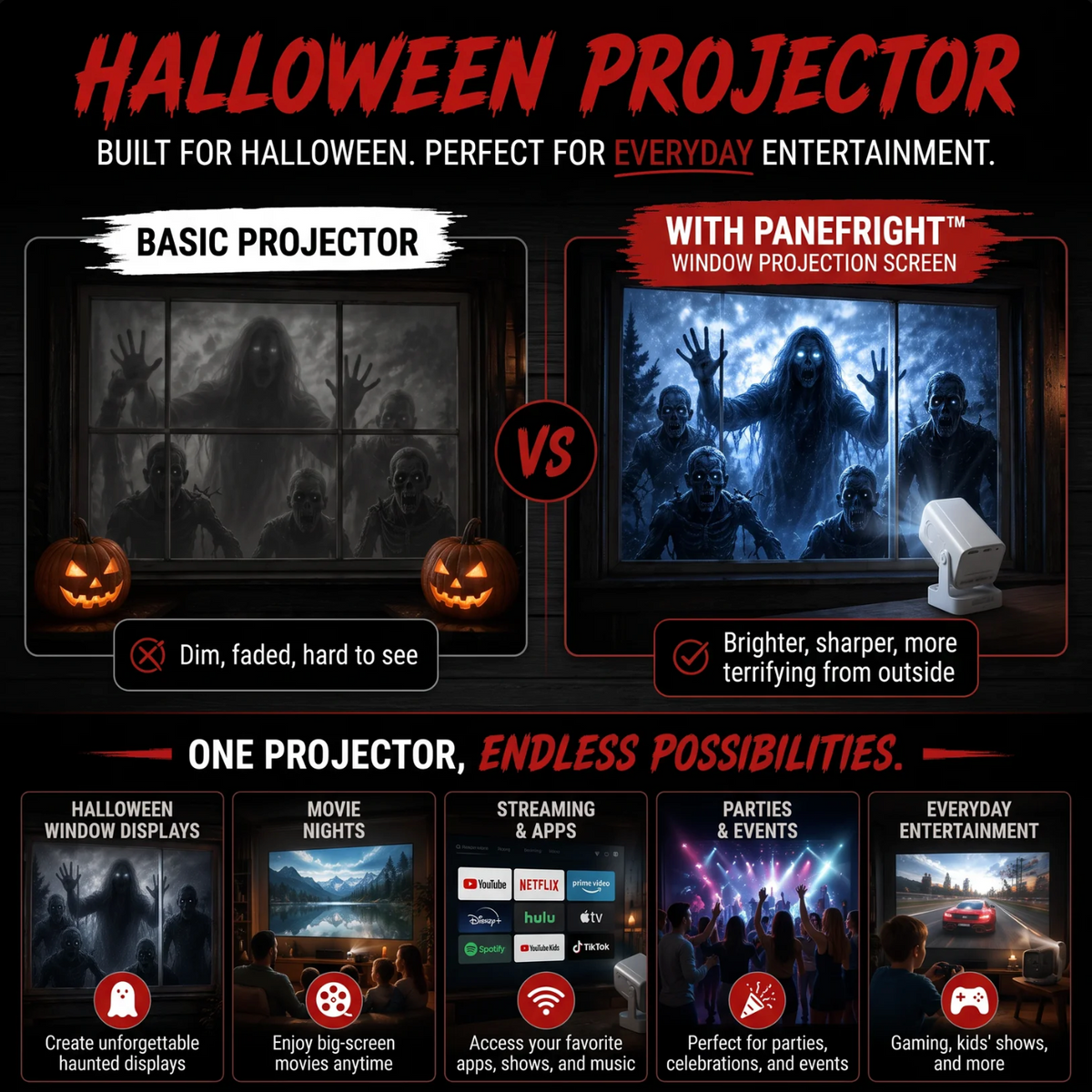 Halloween smart projector projecting a spooky scene onto a wall near a window
