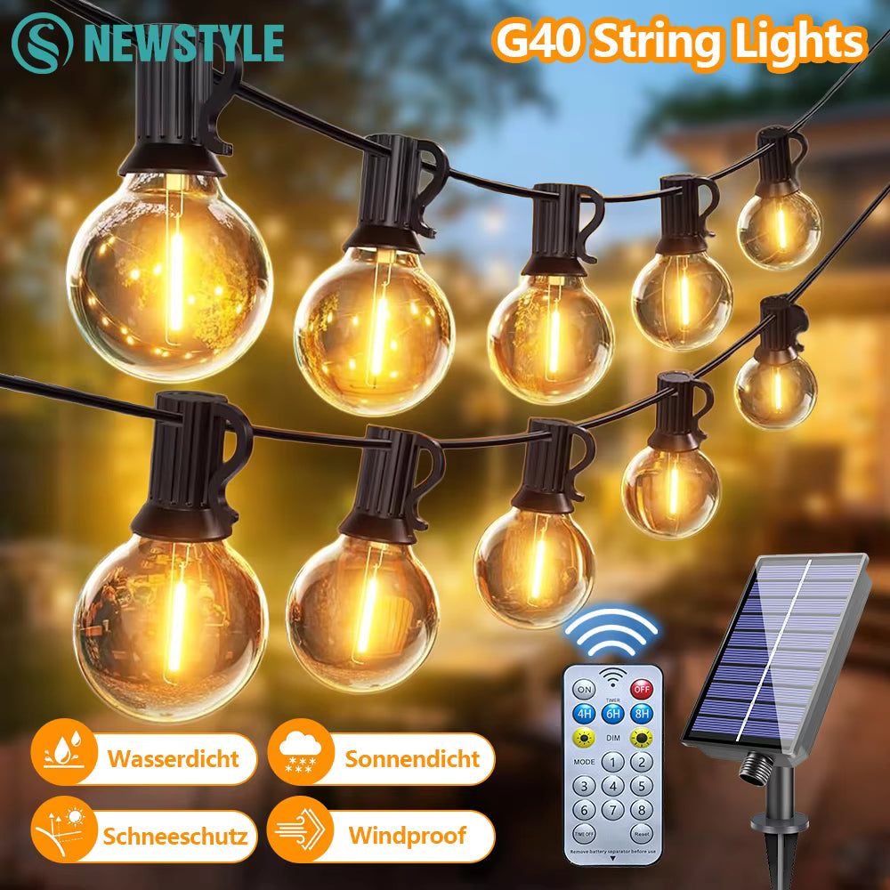 Solar outdoor string lights warm white globe bulbs waterproof patio pergola — 33ft, 66ft and 100ft