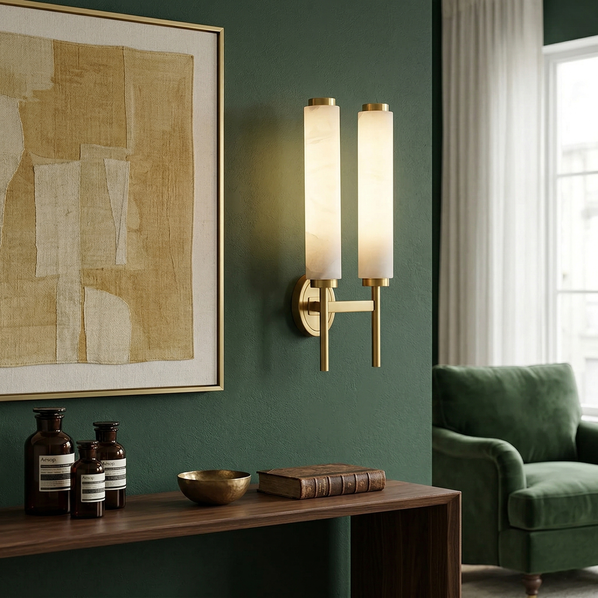 Brindisi Alabaster Wall Lamp Brass Black Dimmable Bedroom Living Room — 1 to 2 Heads