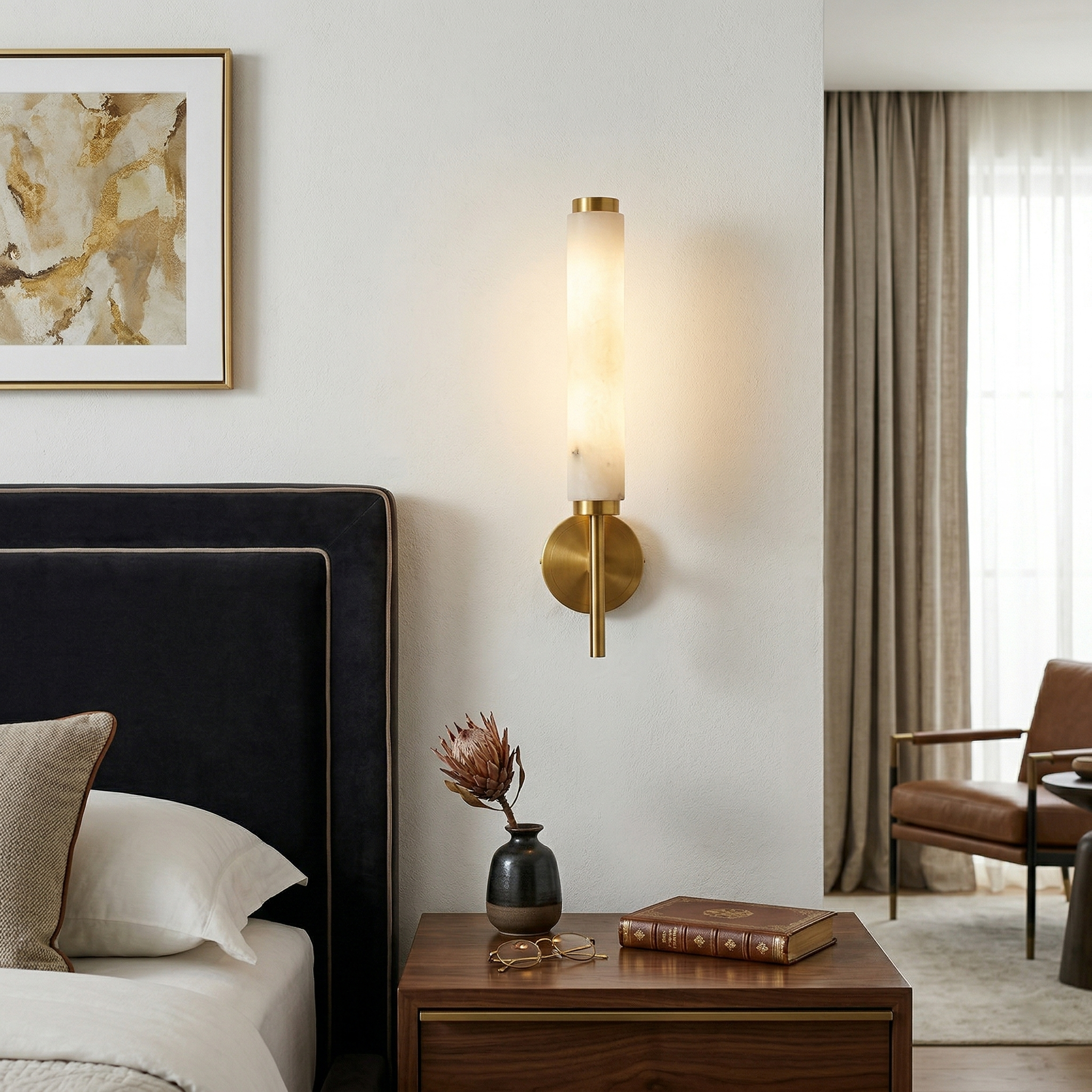 Brindisi Alabaster Wall Lamp Brass Black Dimmable Bedroom Living Room — 1 to 2 Heads