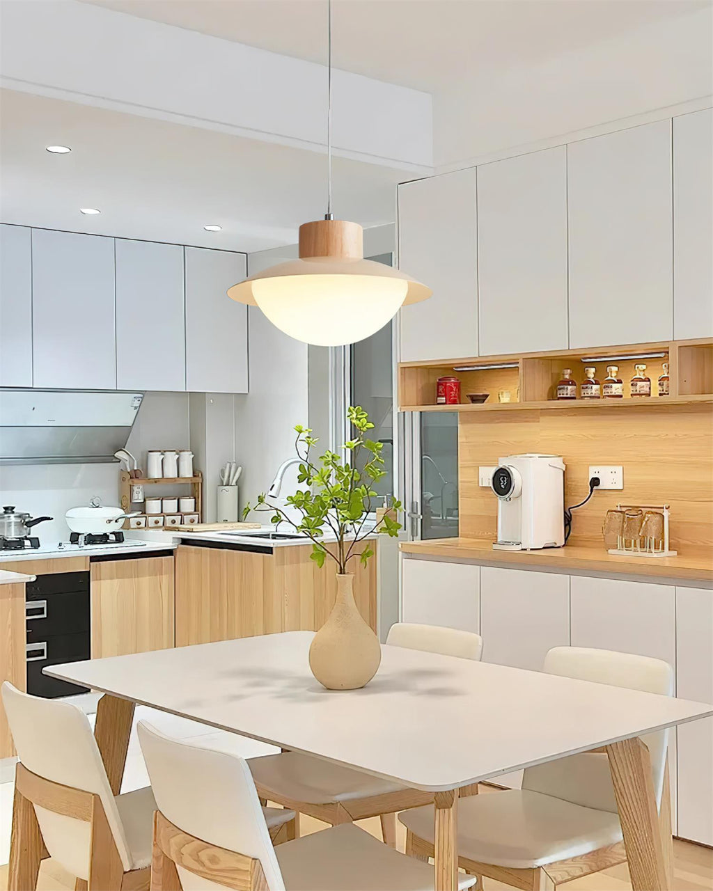 Pendant Lamp Metal and Wood PE Shade Dome Shape Minimalist