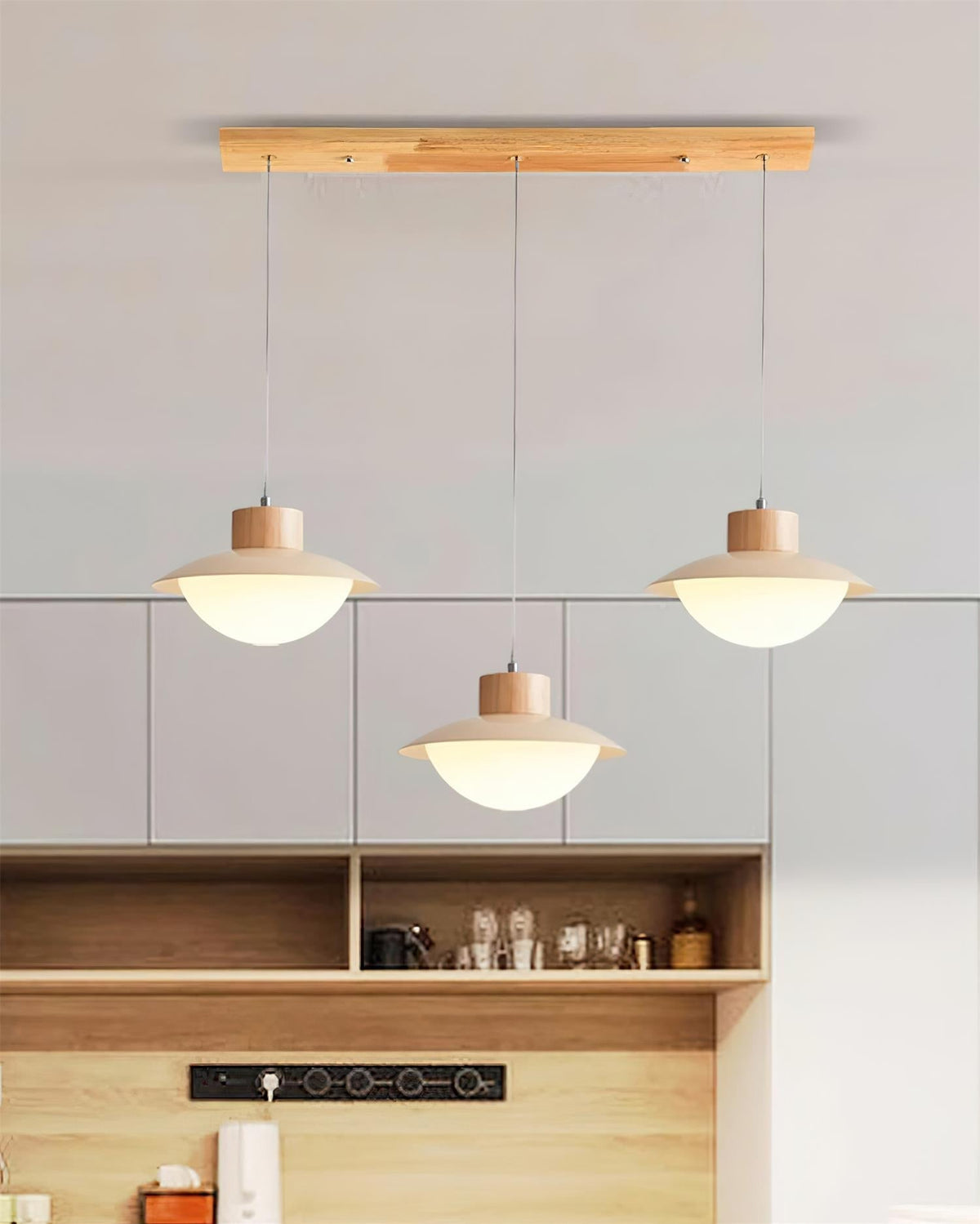 Pendant Lamp Metal and Wood PE Shade Dome Shape Minimalist