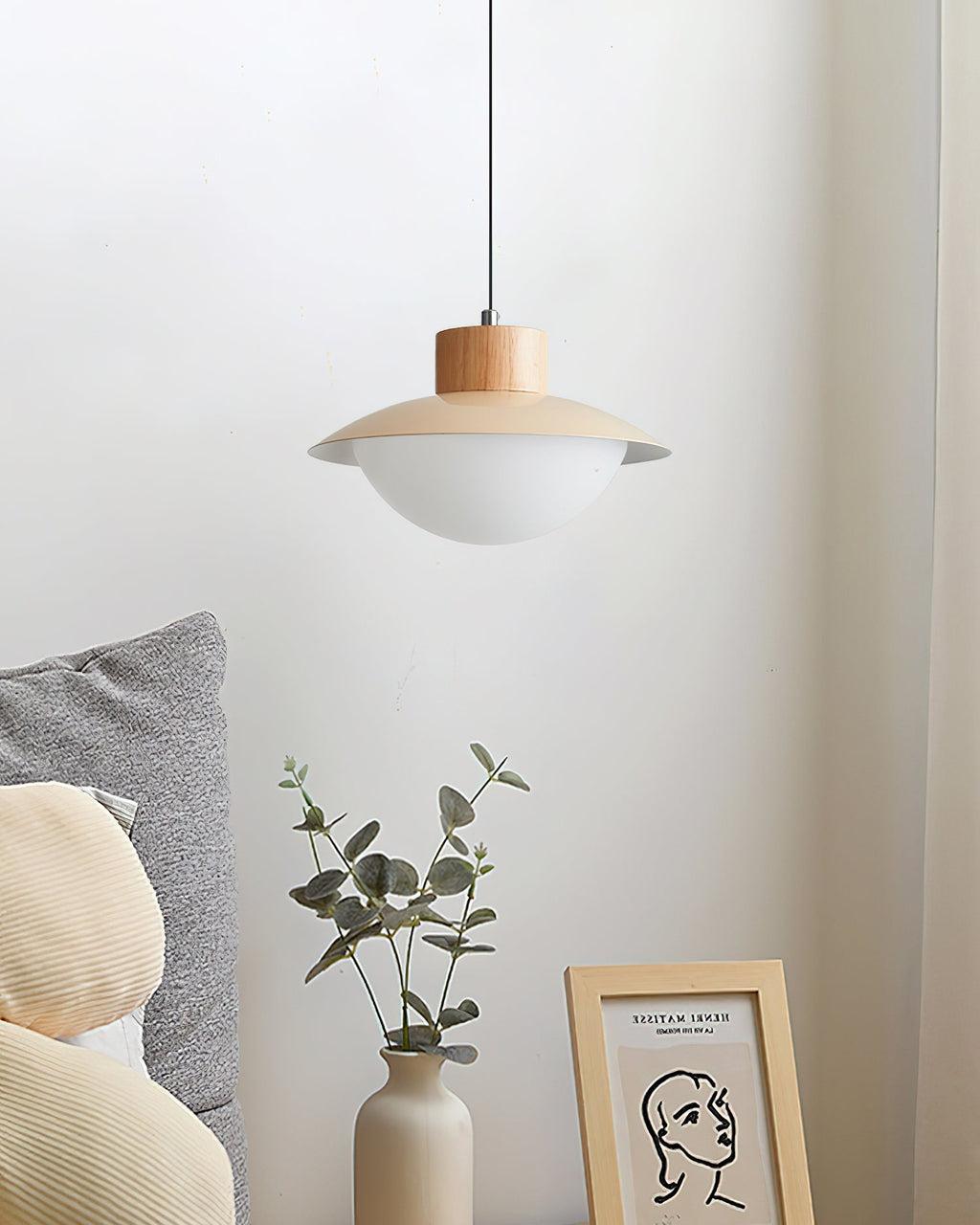 Pendant Lamp Metal and Wood PE Shade Dome Shape Minimalist