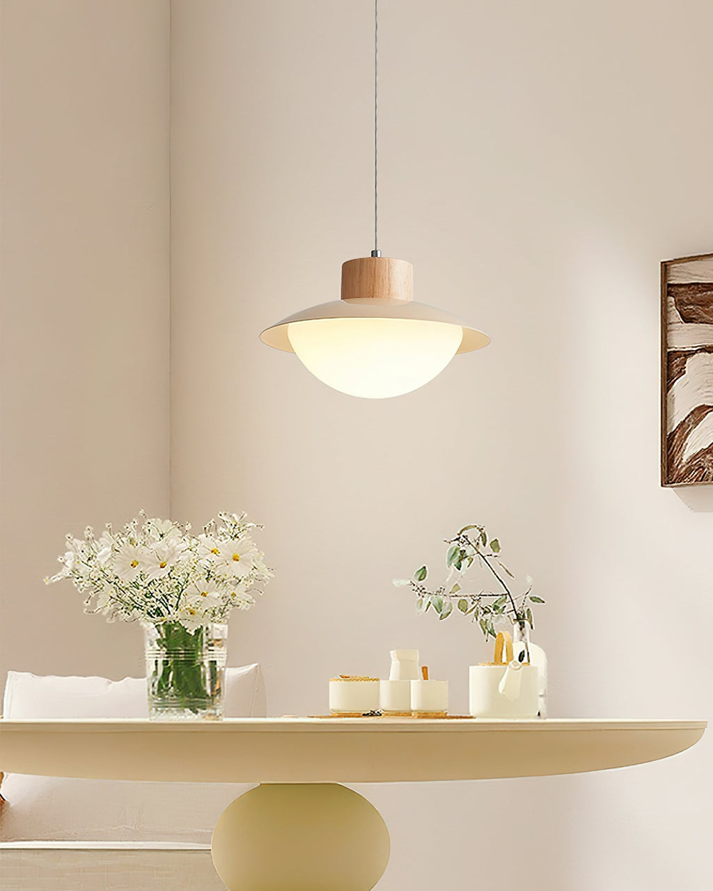 Pendant Lamp Metal and Wood PE Shade Dome Shape Minimalist
