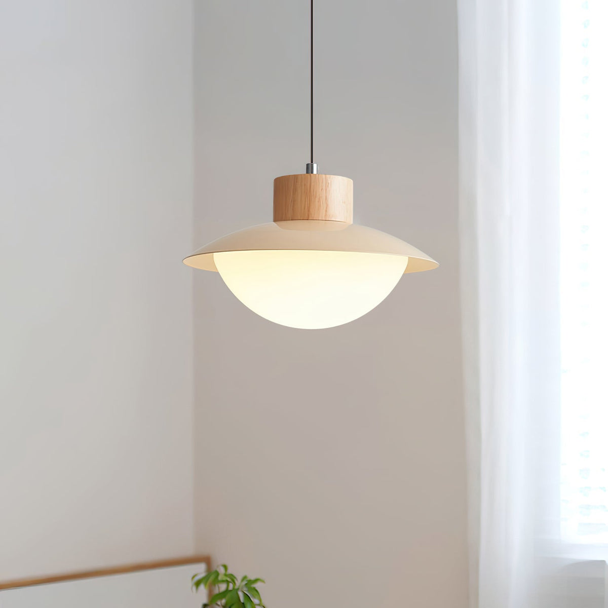Pendant Lamp Metal and Wood PE Shade Dome Shape Minimalist