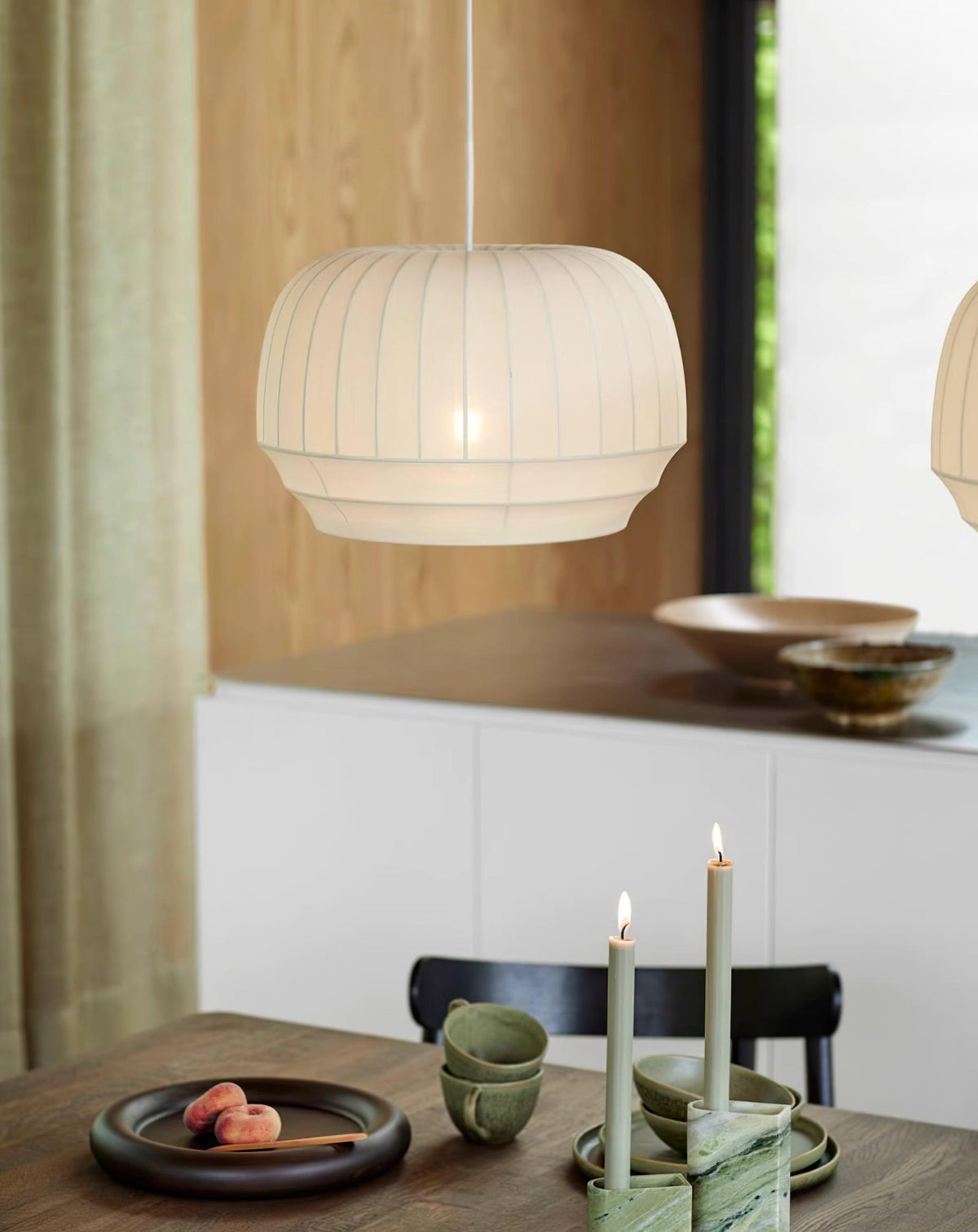 Pendant Lamp Silk Shade White Fabric Vertical Lines Soft Modern Minimalist