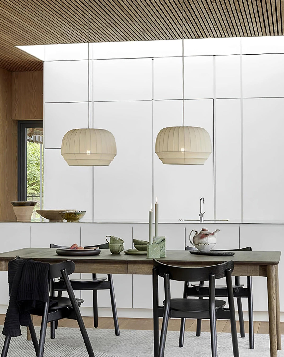 Pendant Lamp Silk Shade White Fabric Vertical Lines Soft Modern Minimalist