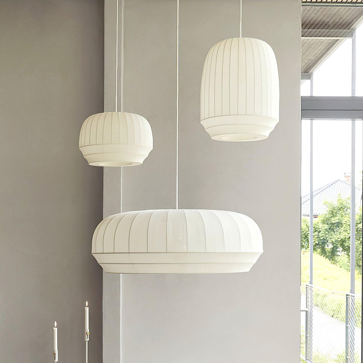 Pendant Lamp Silk Shade White Fabric Vertical Lines Soft Modern Minimalist