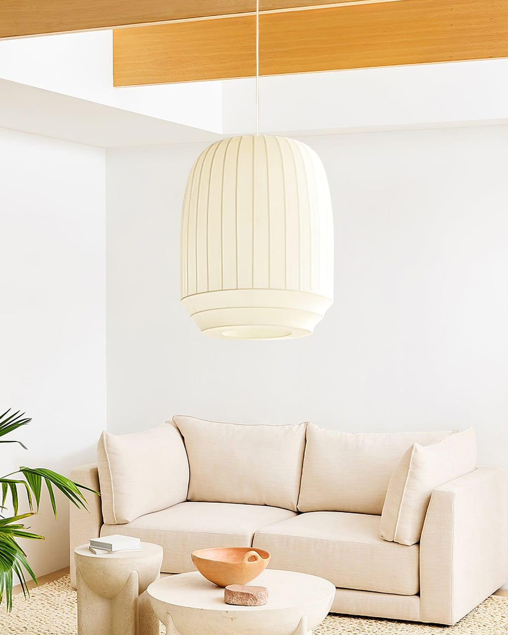 Pendant Lamp Silk Shade White Fabric Vertical Lines Soft Modern Minimalist