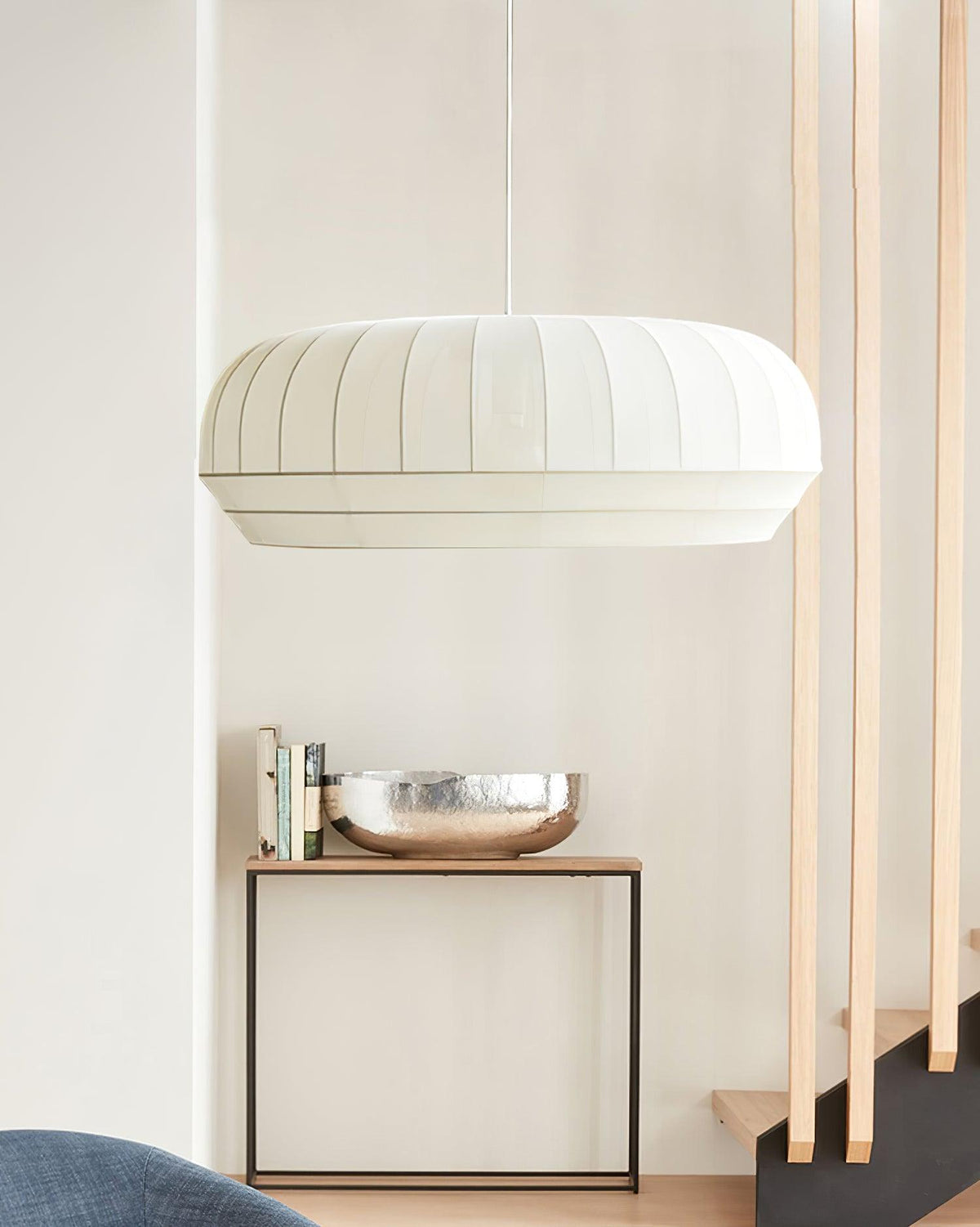 Pendant Lamp Silk Shade White Fabric Vertical Lines Soft Modern Minimalist