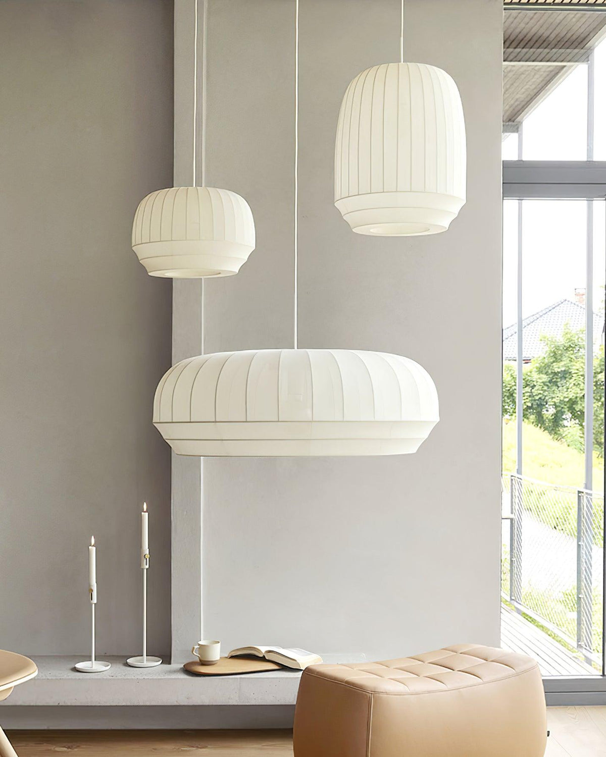 Pendant Lamp Silk Shade White Fabric Vertical Lines Soft Modern Minimalist