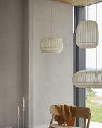 Pendant Lamp Silk Shade White Fabric Vertical Lines Soft Modern Minimalist