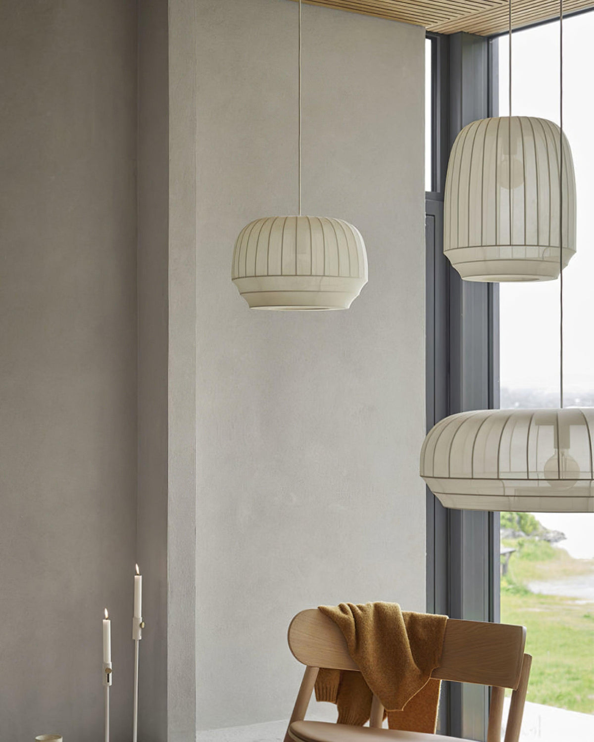 Pendant Lamp Silk Shade White Fabric Vertical Lines Soft Modern Minimalist