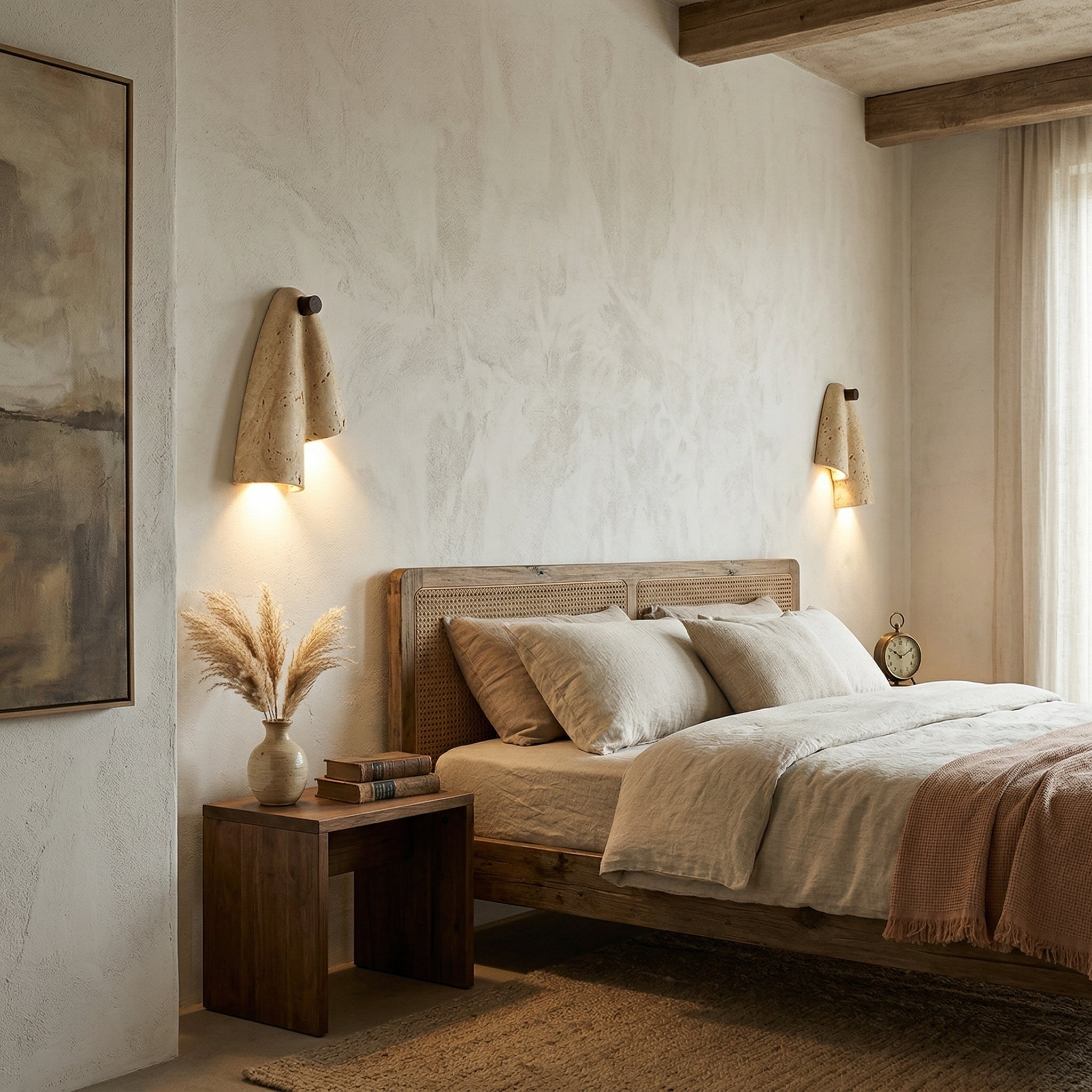 Pearlmont Travertine Wall Lamp Natural Stone LED Warm Light Bedroom Living Room — 4 Plug Options