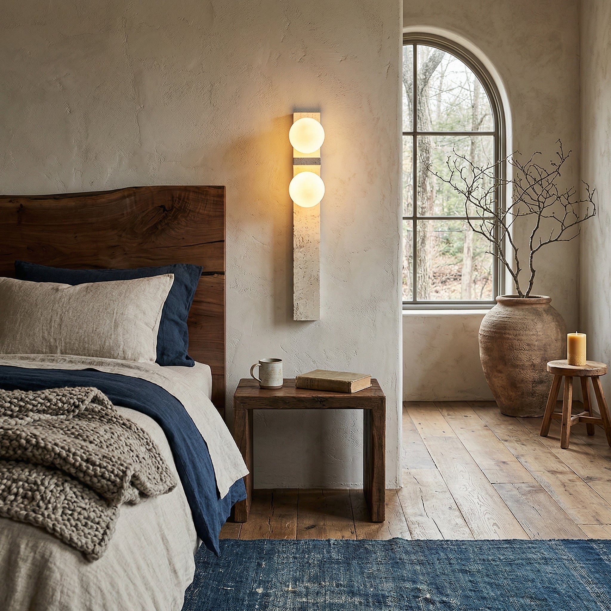 Asymmetrical Travertine Wall Sconce Natural Stone LED Warm Light Bedroom Living Room — Warm Cool