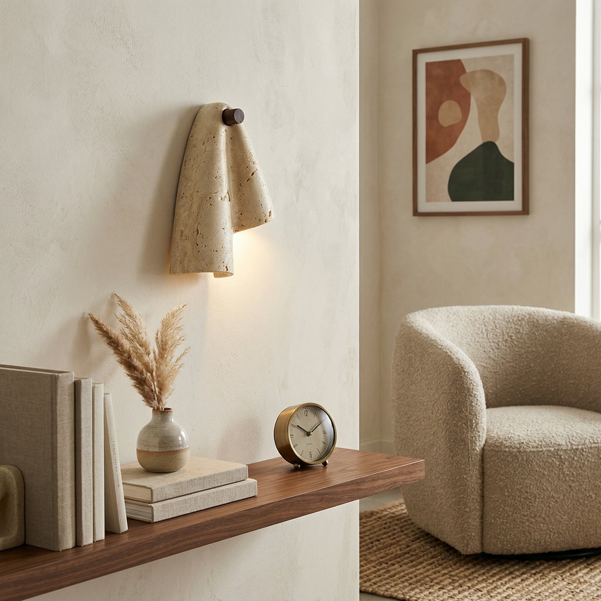 Pearlmont Travertine Wall Lamp Natural Stone LED Warm Light Bedroom Living Room — 4 Plug Options