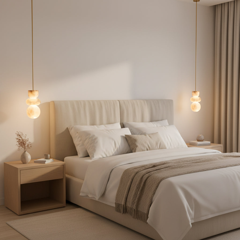 Alabaster Totem Pendant Lamp Stacked Natural Stone LED Warm White Dining Room Bedroom — 5 Configurations