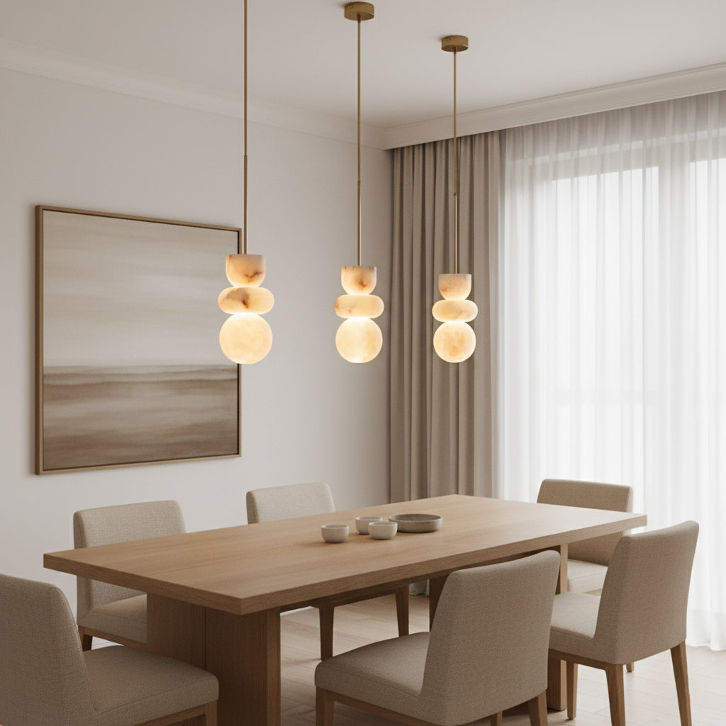 Alabaster Totem Pendant Lamp Stacked Natural Stone LED Warm White Dining Room Bedroom — 5 Configurations