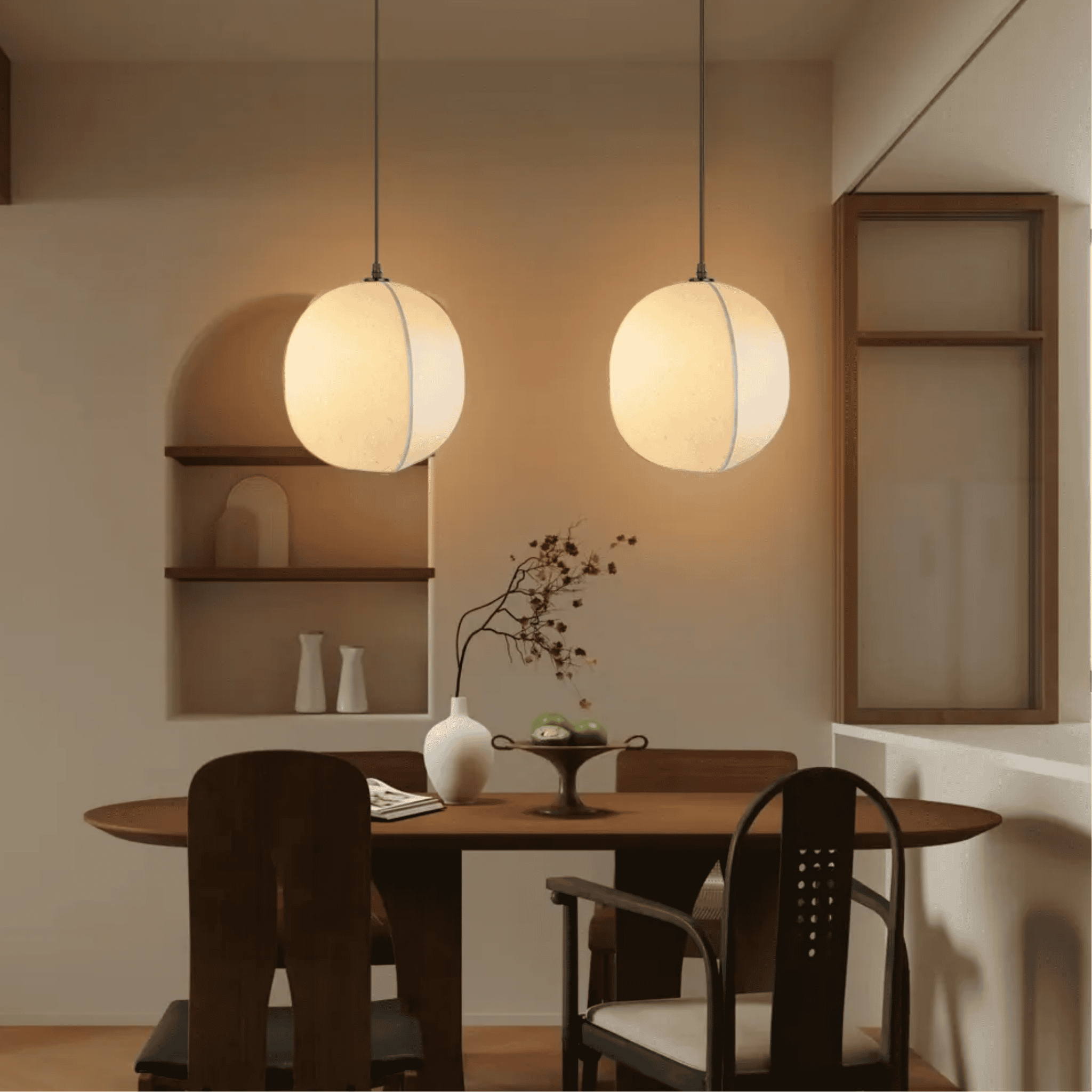 Linen Lantern Pendant Light Japandi Style Height Adjustable Dining Room Bedroom — Small Medium Large