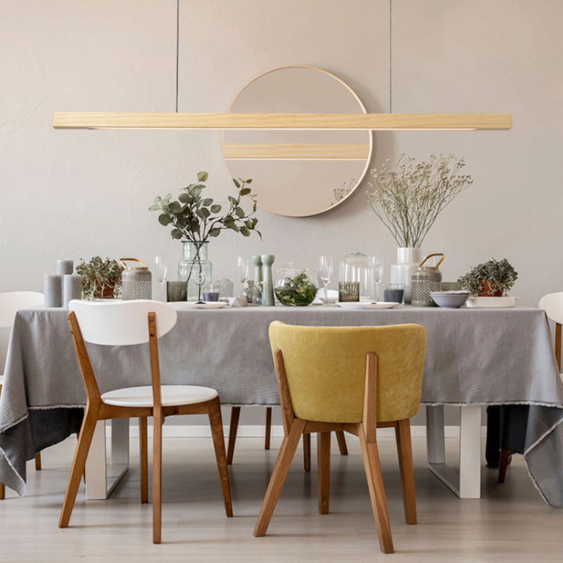 Wood Linear Suspension Chandelier Handcrafted Pine Walnut Dimmable Dining Room Kitchen Island — 31 to 47 Inch