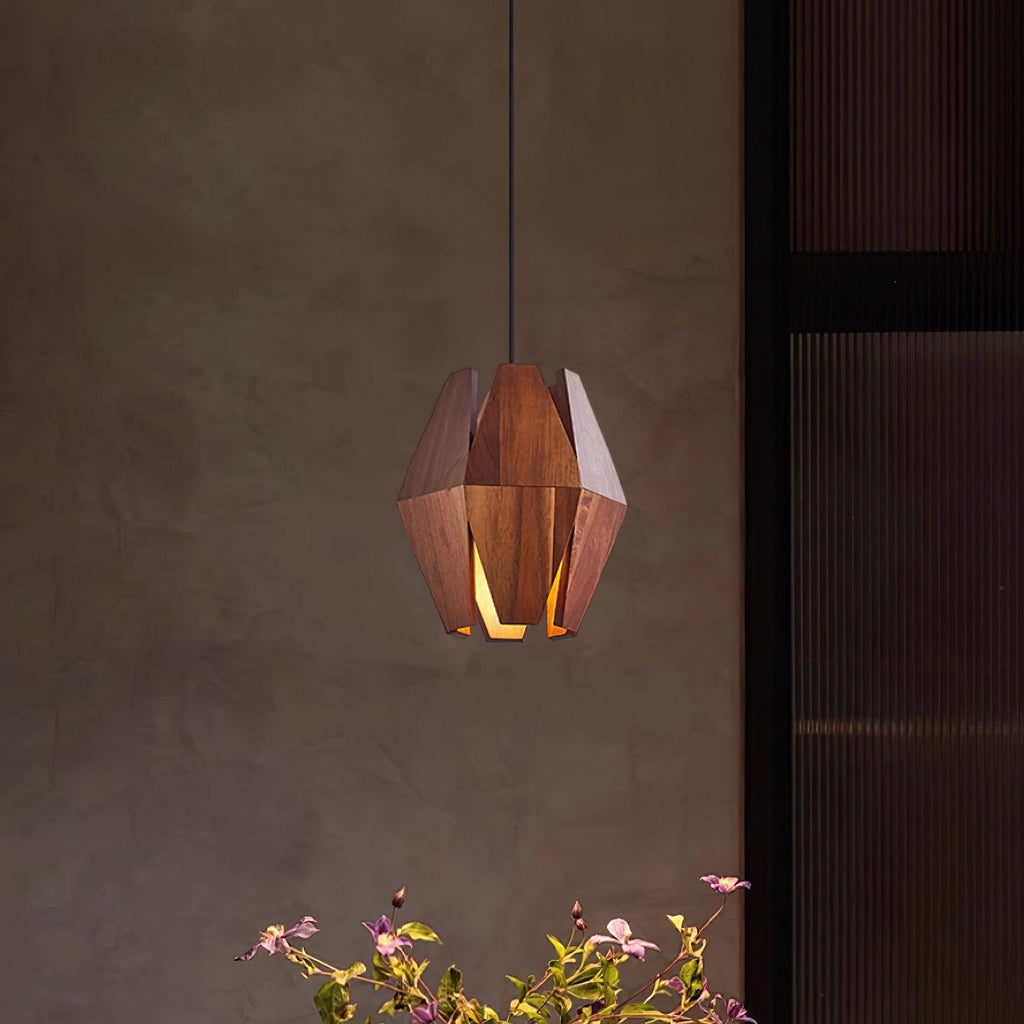 Pendant Lamp Geometric Wood Shade Warm Glow Nordic Minimalist Accent