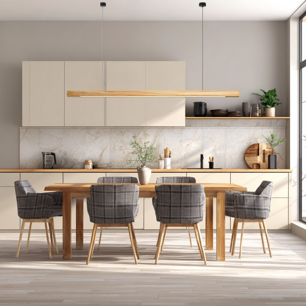 Wood Linear Suspension Chandelier Handcrafted Pine Walnut Dimmable Dining Room Kitchen Island — 31 to 47 Inch